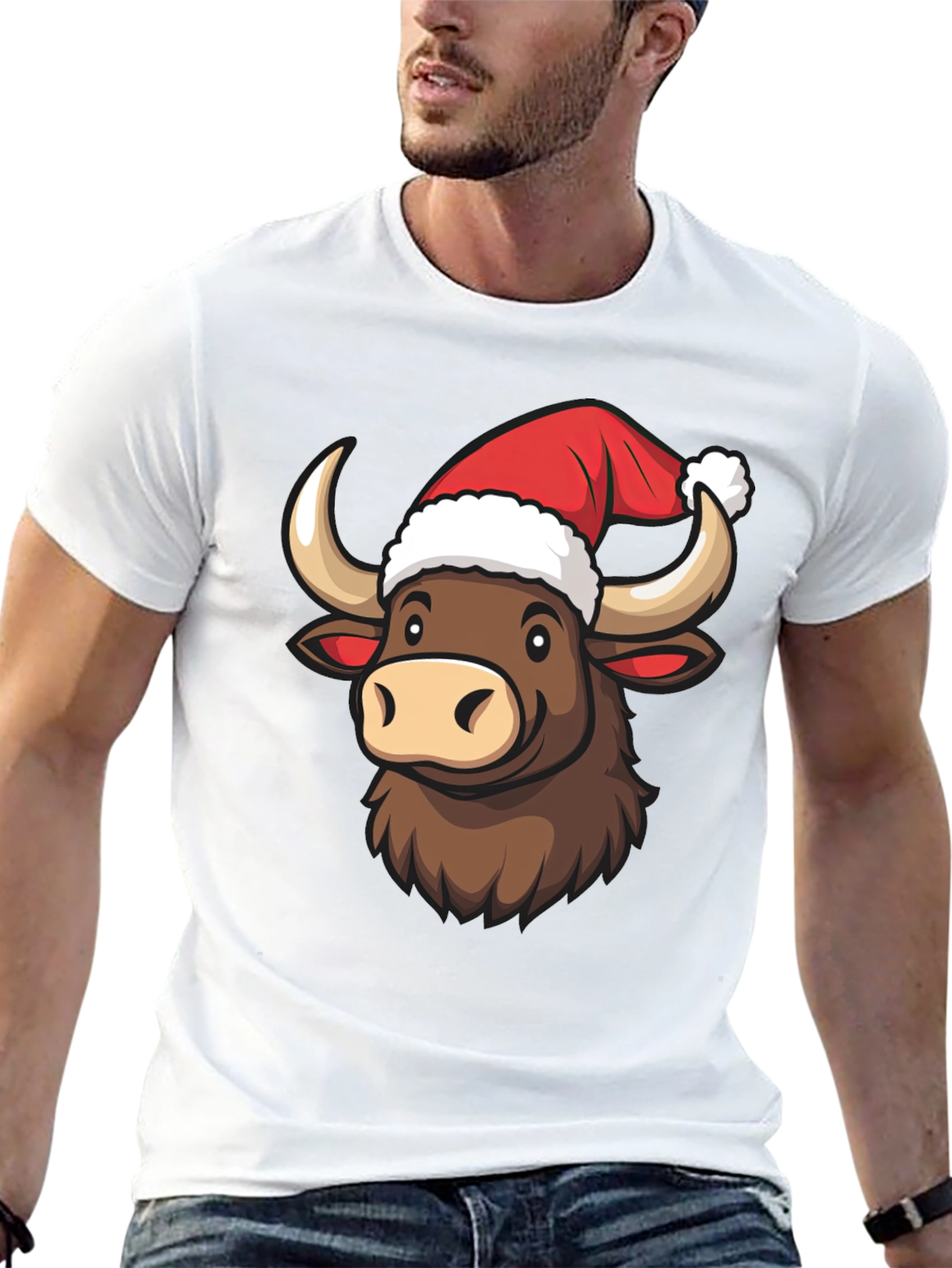 Festive Bull T-Shirt - Holiday Cartoon Graphic Tee