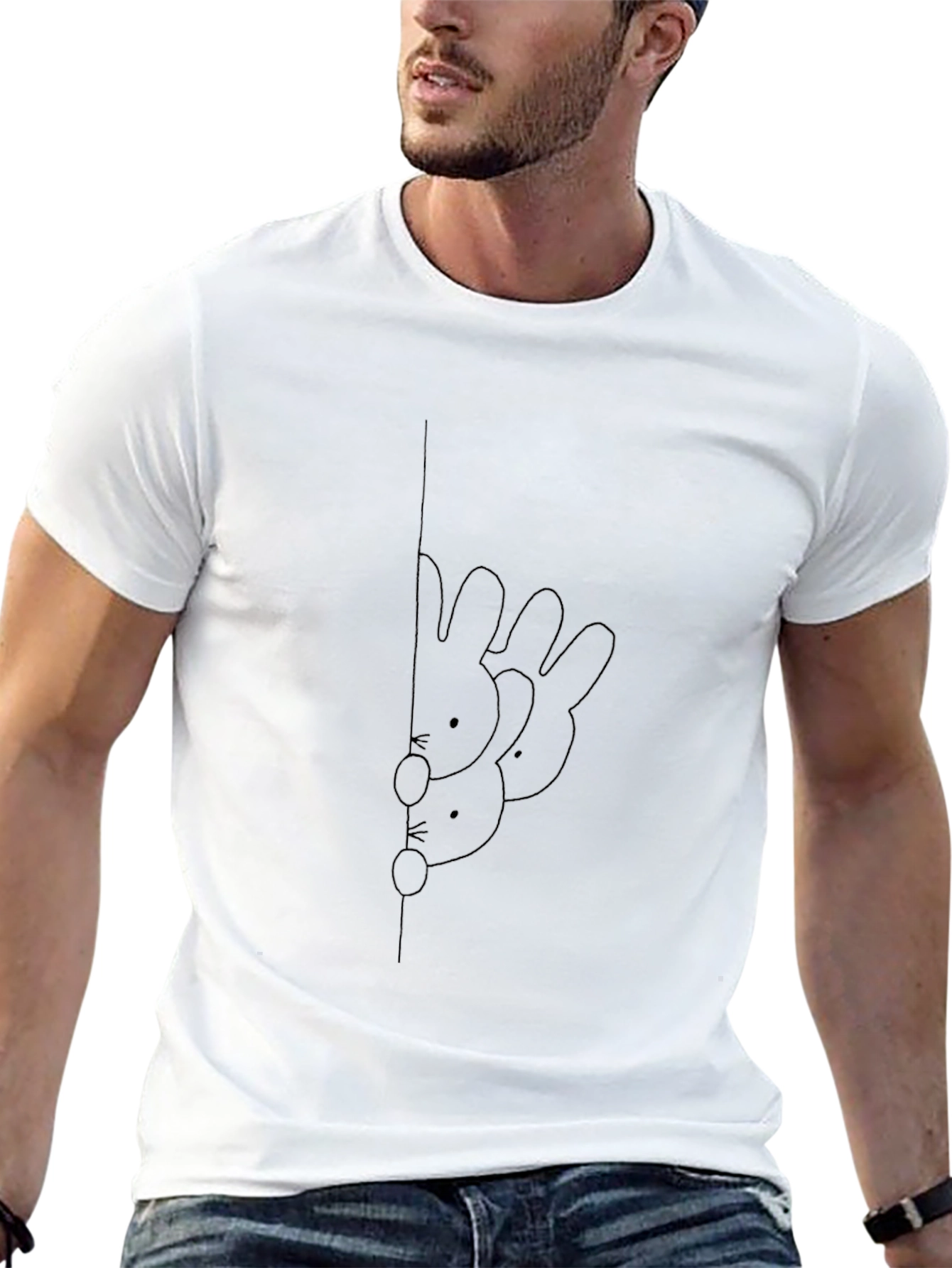 Black Tee with Bunny Peeking Line Art Graphic