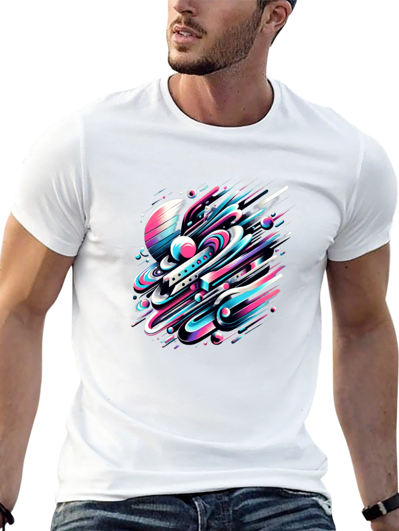 Abstract Space Tee: Graphic Print Black Cotton T-Shirt