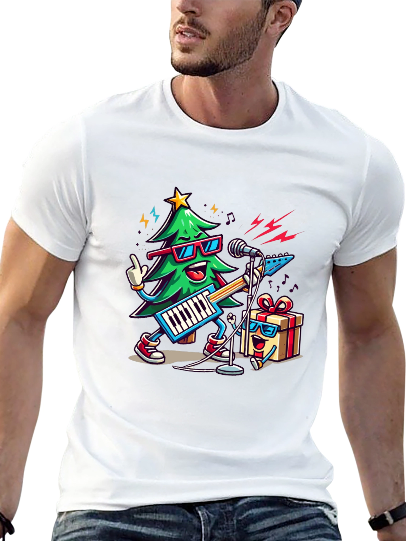 Festive Christmas Tree Rock Band T-Shirt