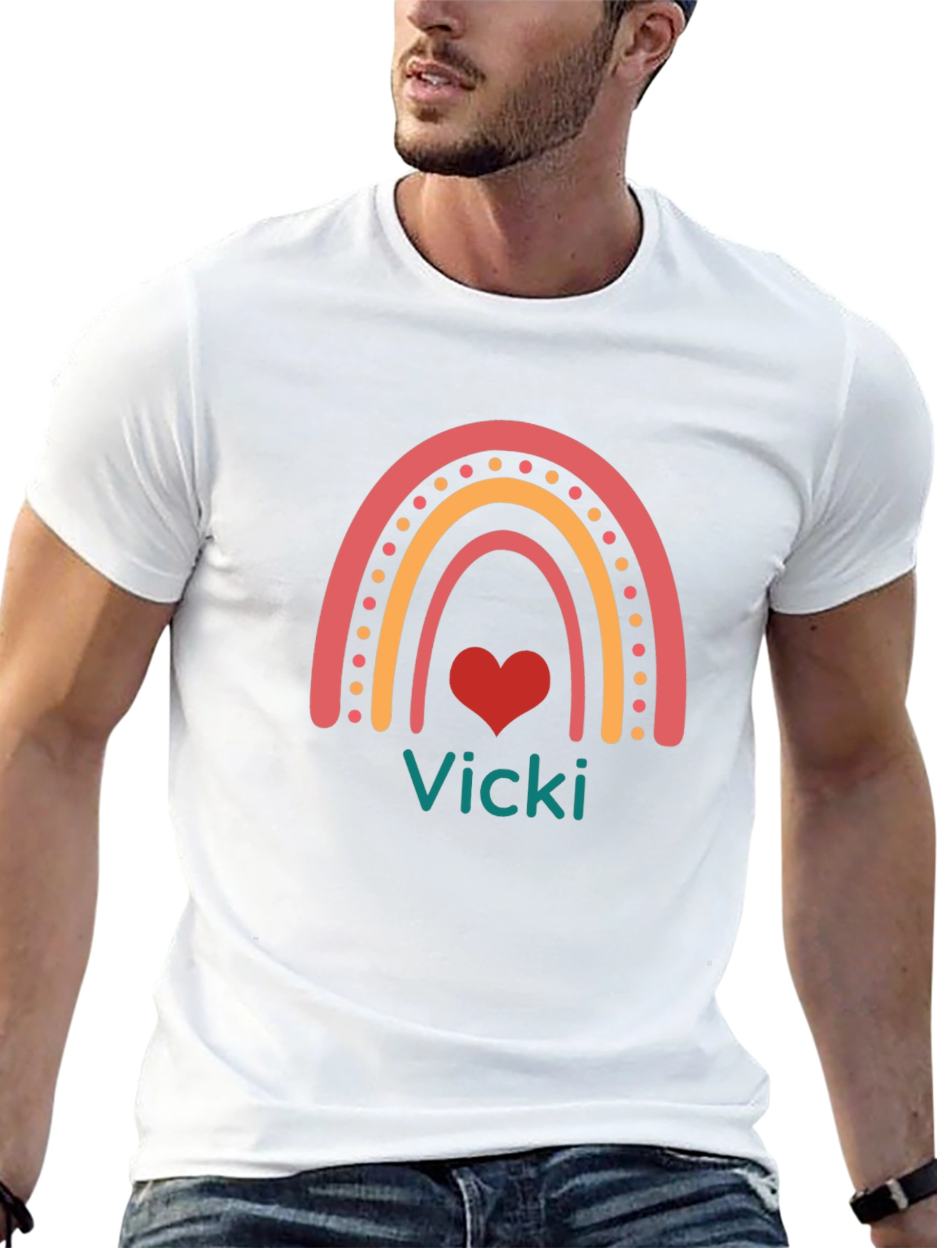 Vicki Rainbow Heart Personalized Black T-Shirt