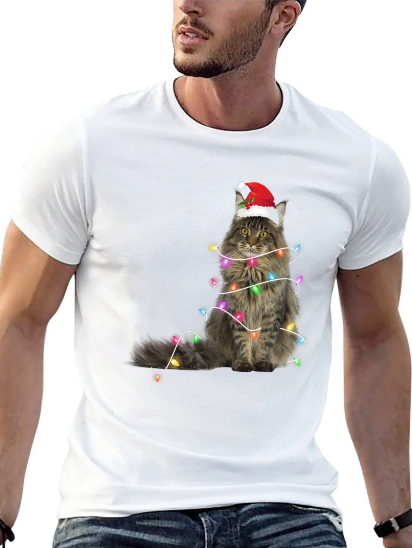 Christmas Cat Tee - Holiday Lights Santa Hat T-Shirt