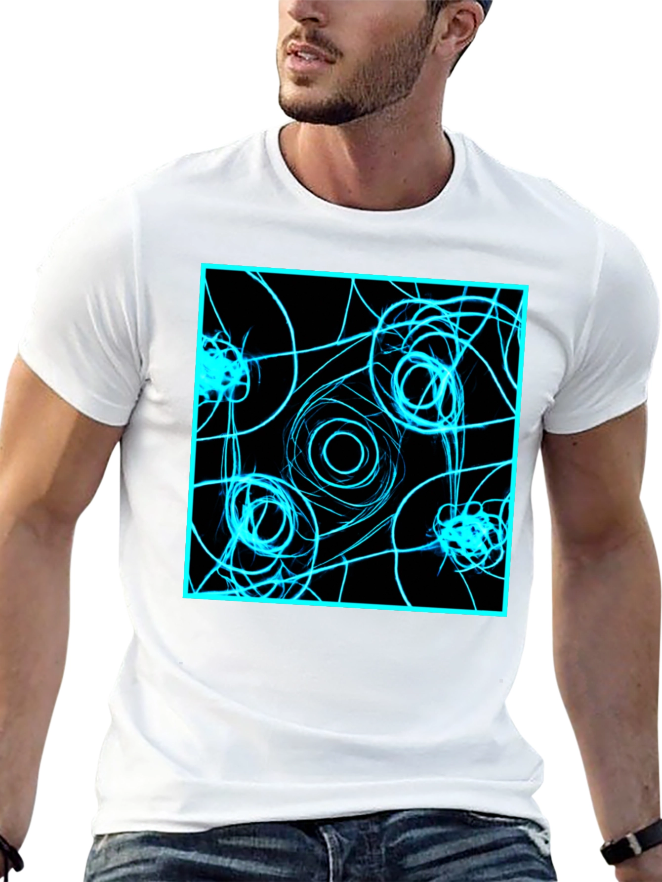 Abstract Geometric T-Shirt: Electric Blue on Black