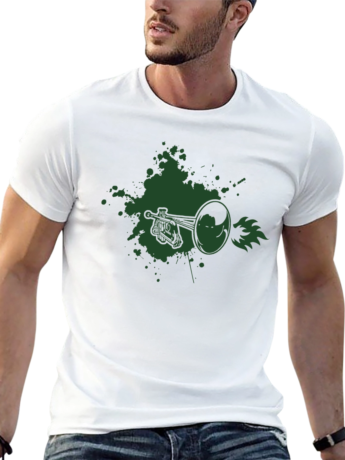 Graphic Tee - Trumpet Design Black Cotton T-Shirt