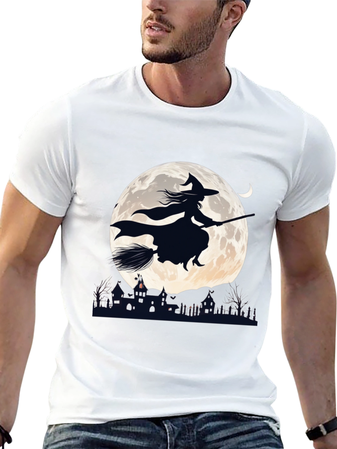 Witch on Broomstick T-Shirt - Halloween Moon Design