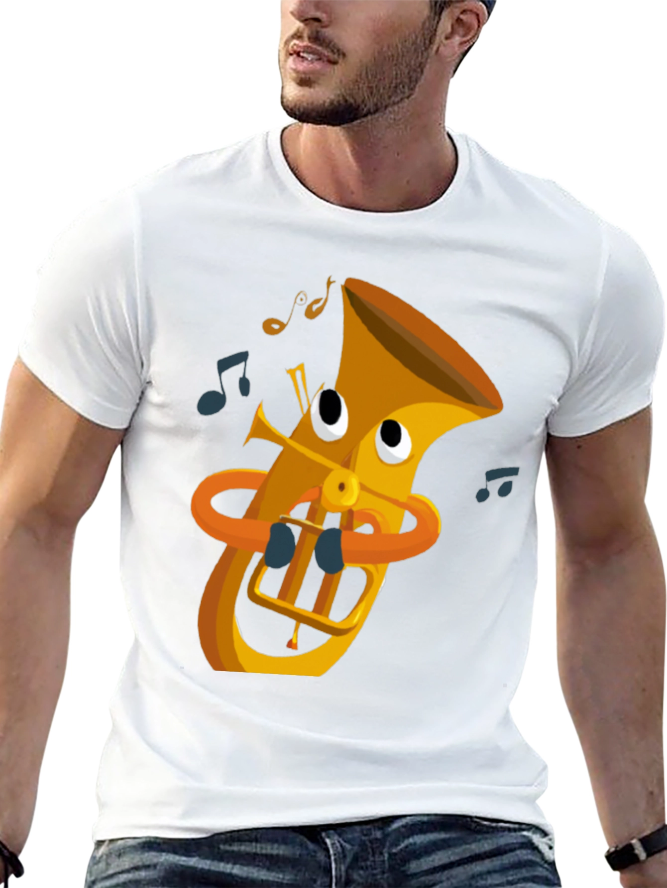 Cartoon Tuba Graphic Tee - Black Cotton T-Shirt