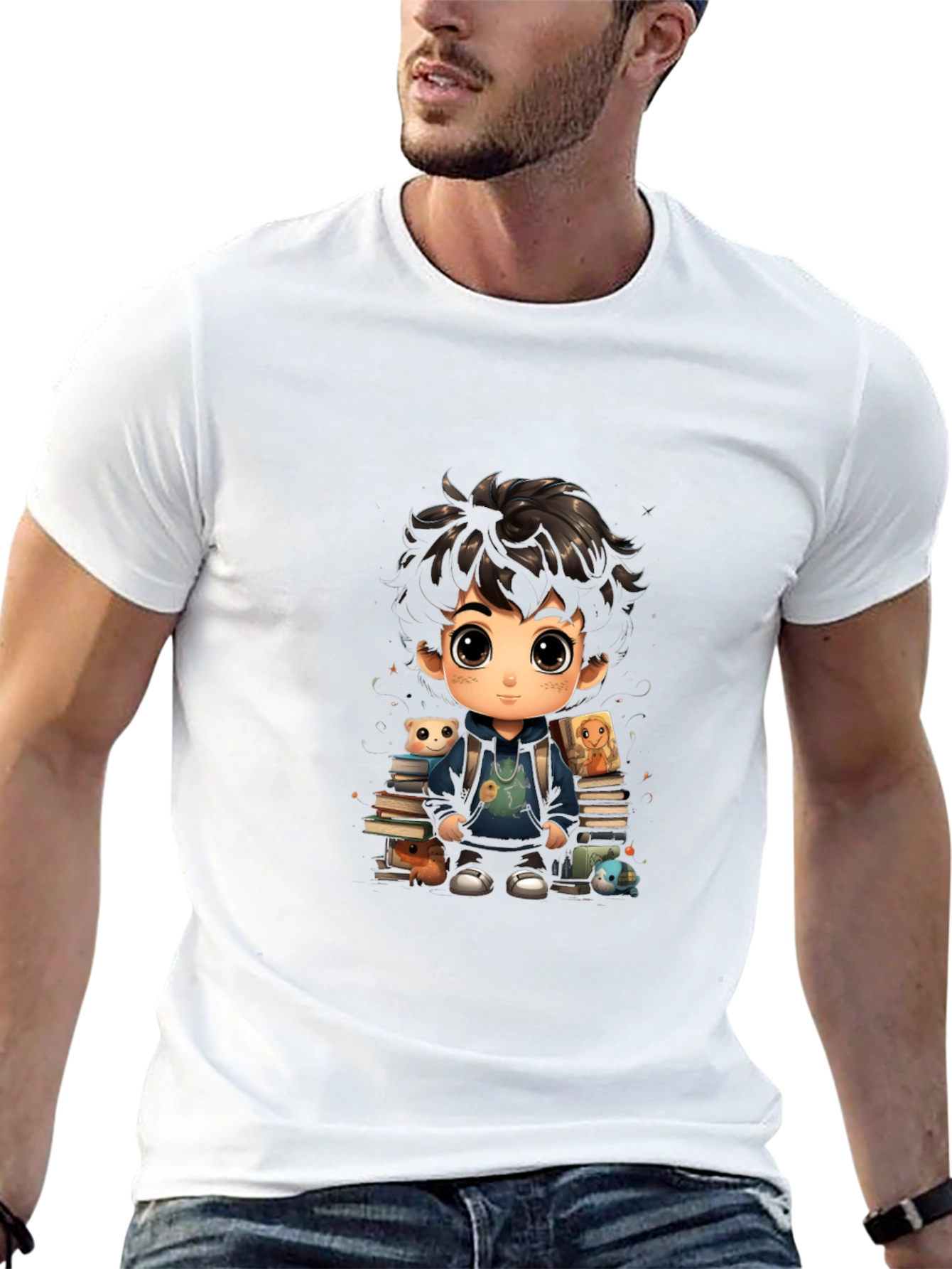 Cartoon Boy with Books Graphic Tee