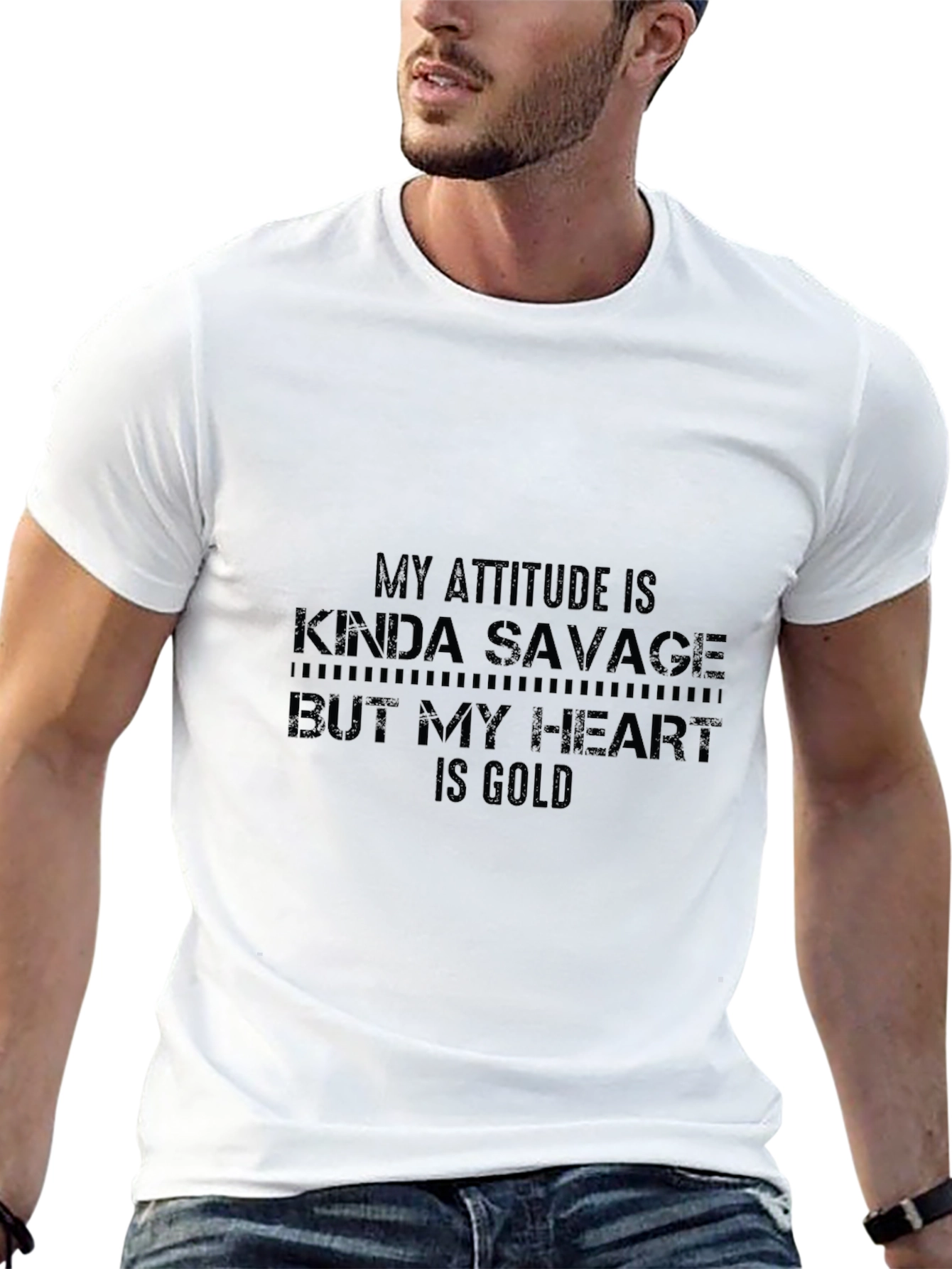 Savage Attitude Gold Heart Black Graphic T-Shirt