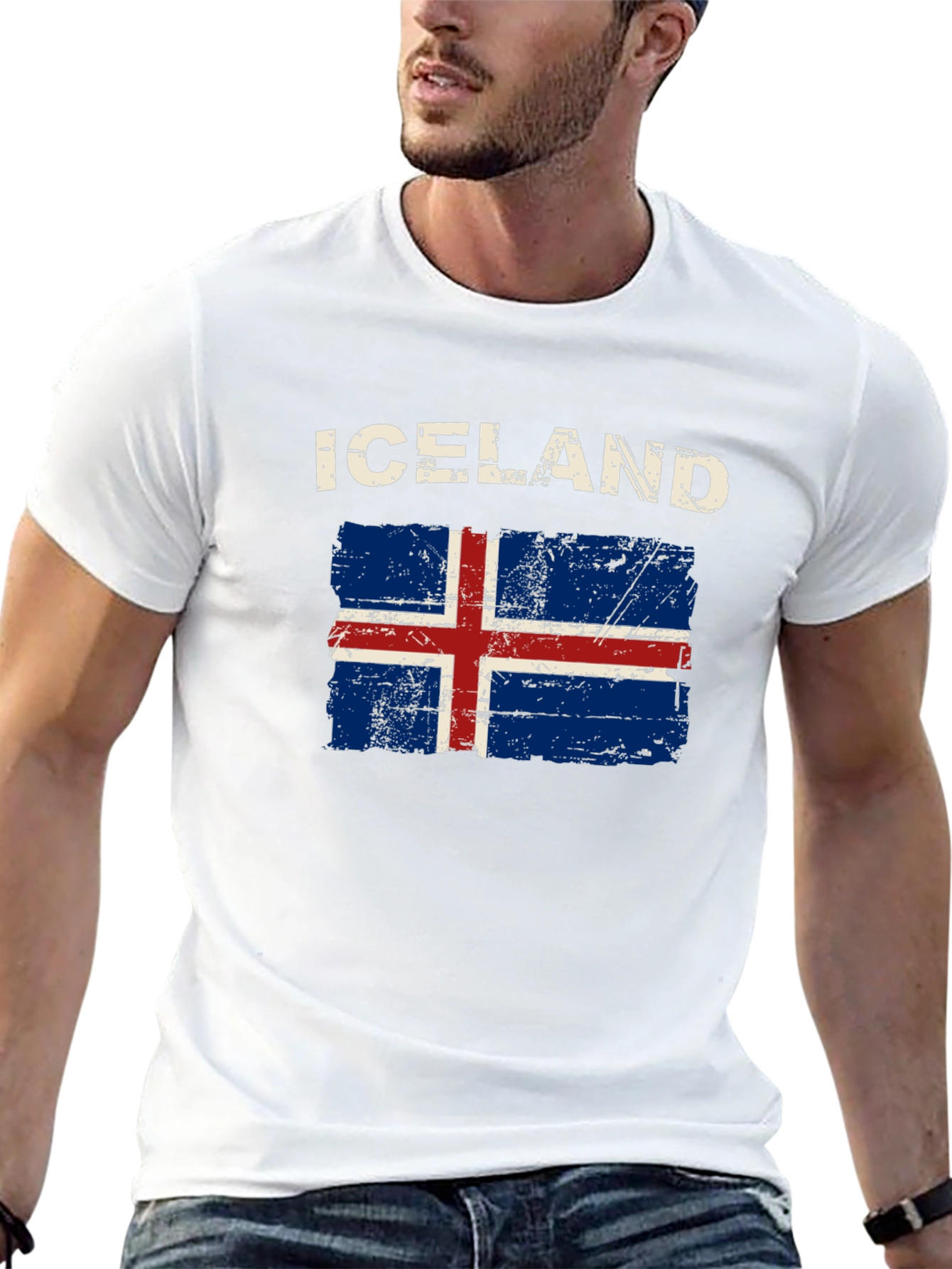Iceland Flag Distressed T-Shirt - Black