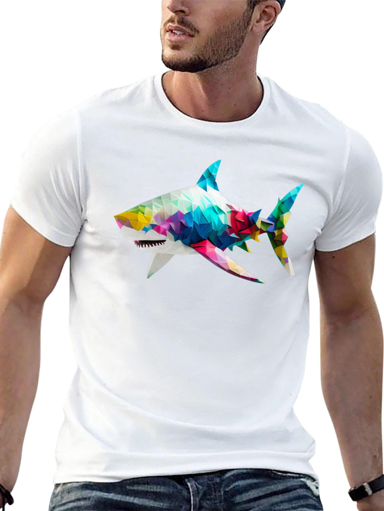 Geometric Shark Graphic Tee - Black Cotton Blend
