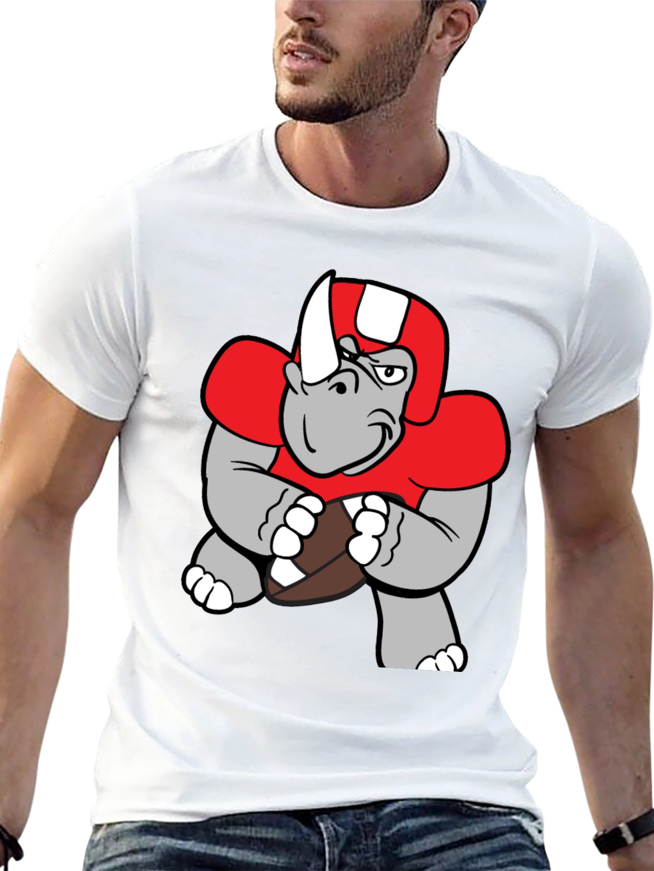 Rhino Football Player T-Shirt - Unique Cartoon Design