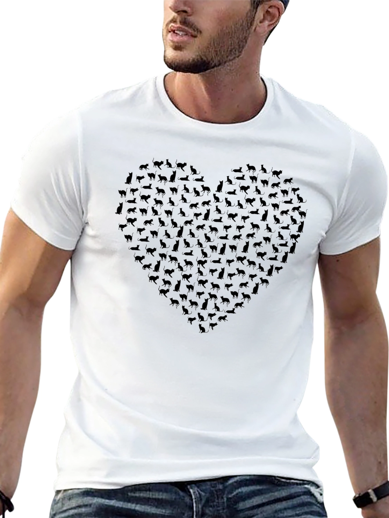 Cat Heart T-Shirt - Black Crew Neck