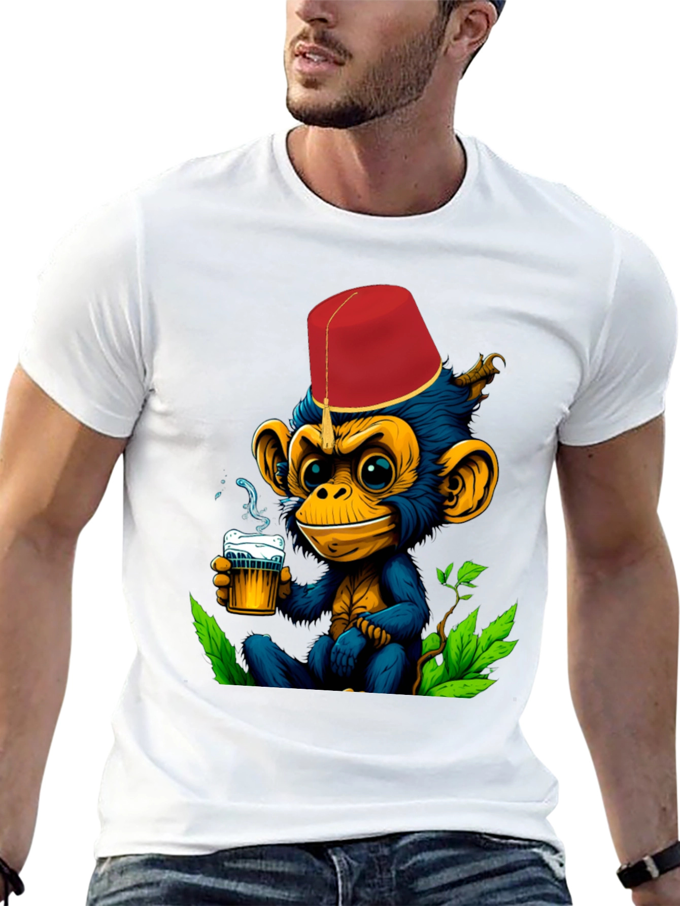 Monkey Fez Beer T-Shirt - Fun Cartoon Tee