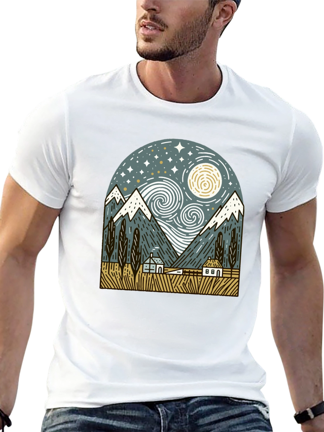 Starry Night Mountain Graphic T-Shirt