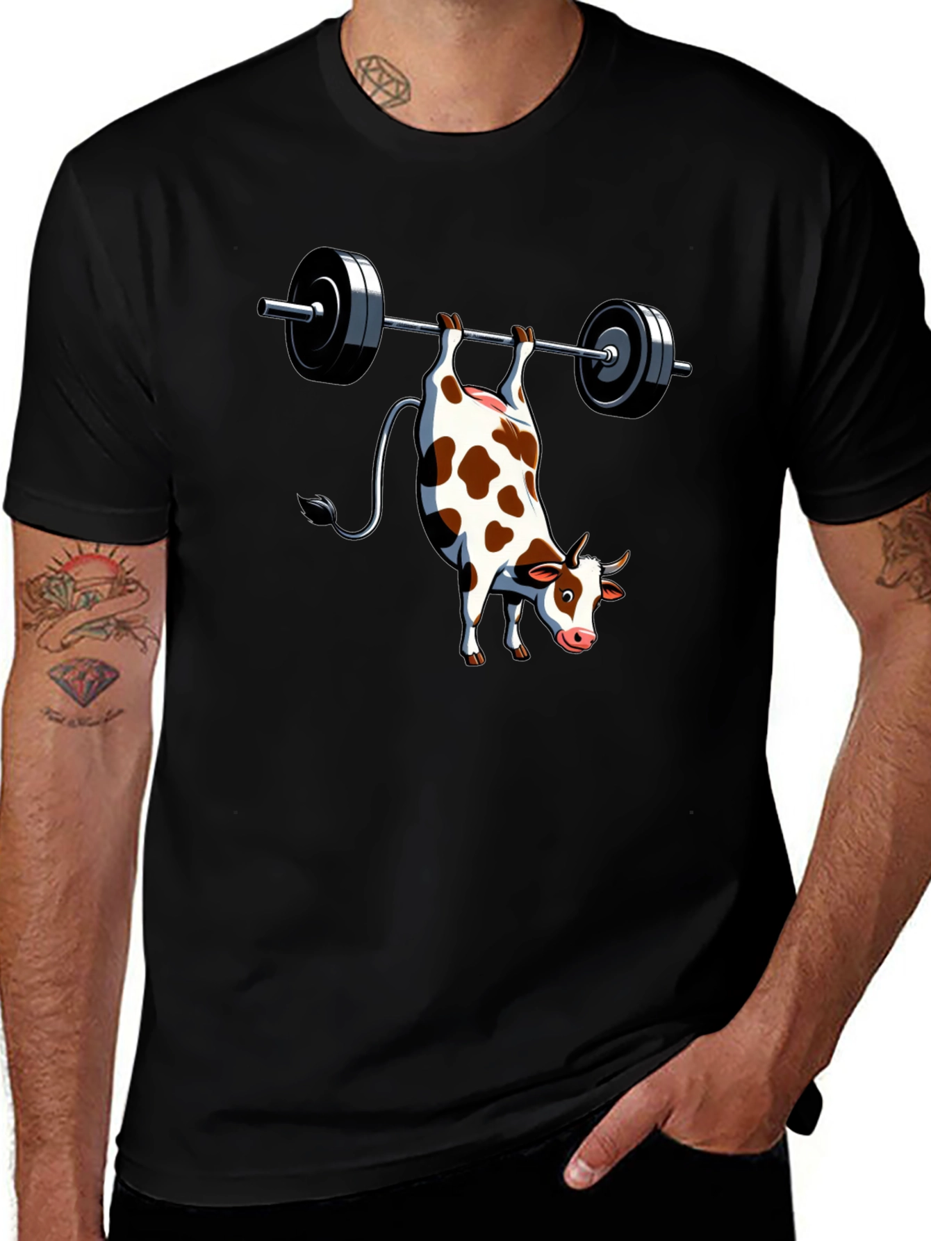 Funny Cow Weightlifting Black T-Shirt