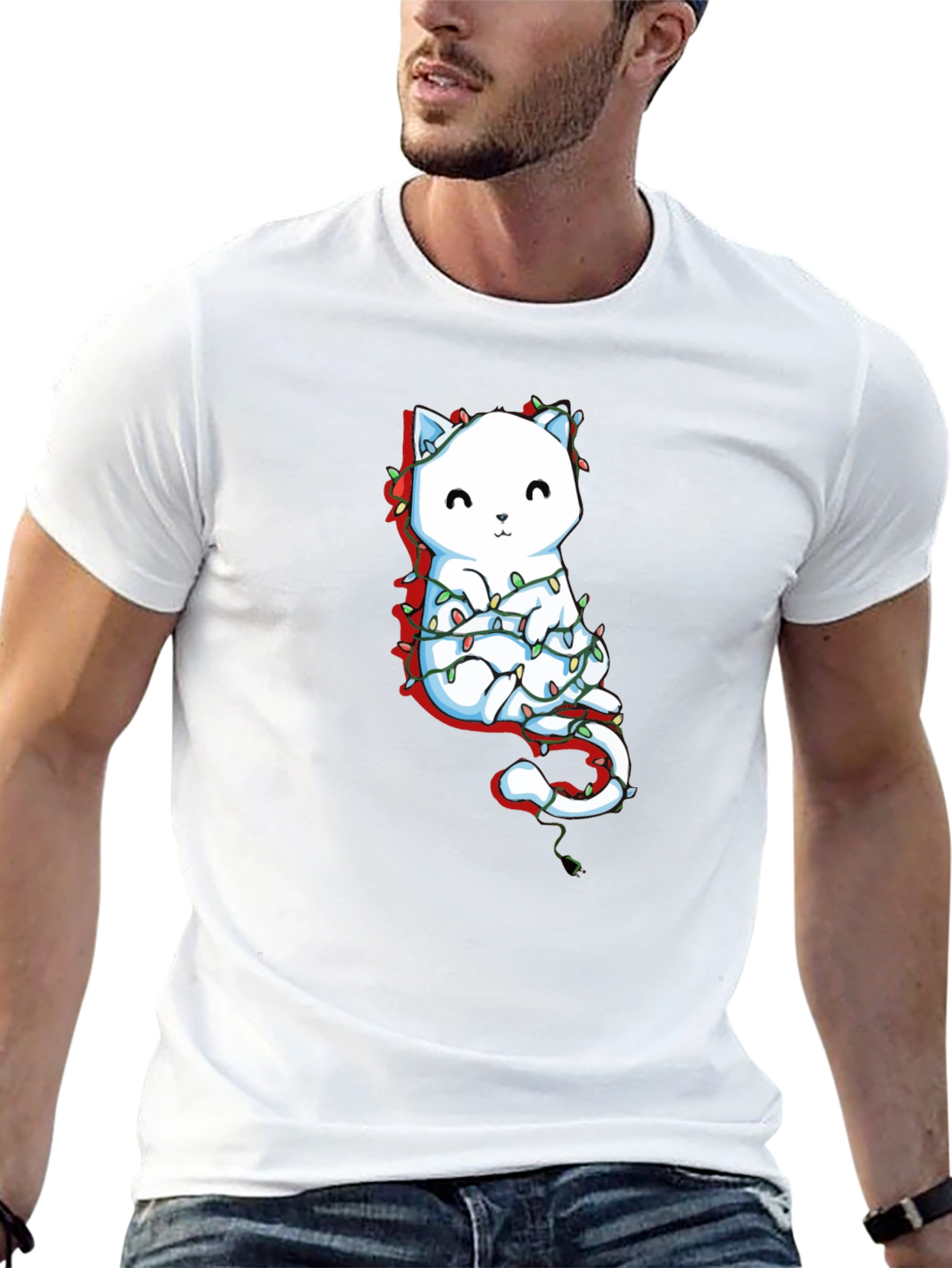 Cute Cat Christmas Lights Graphic Tee - Black