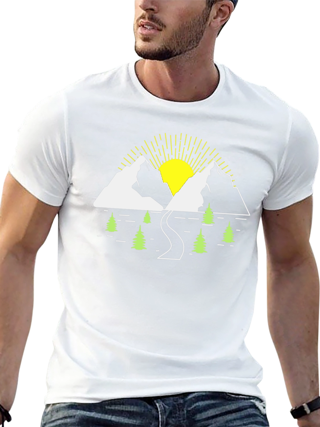 Mountain Scene Graphic Tee - Black Cotton T-Shirt