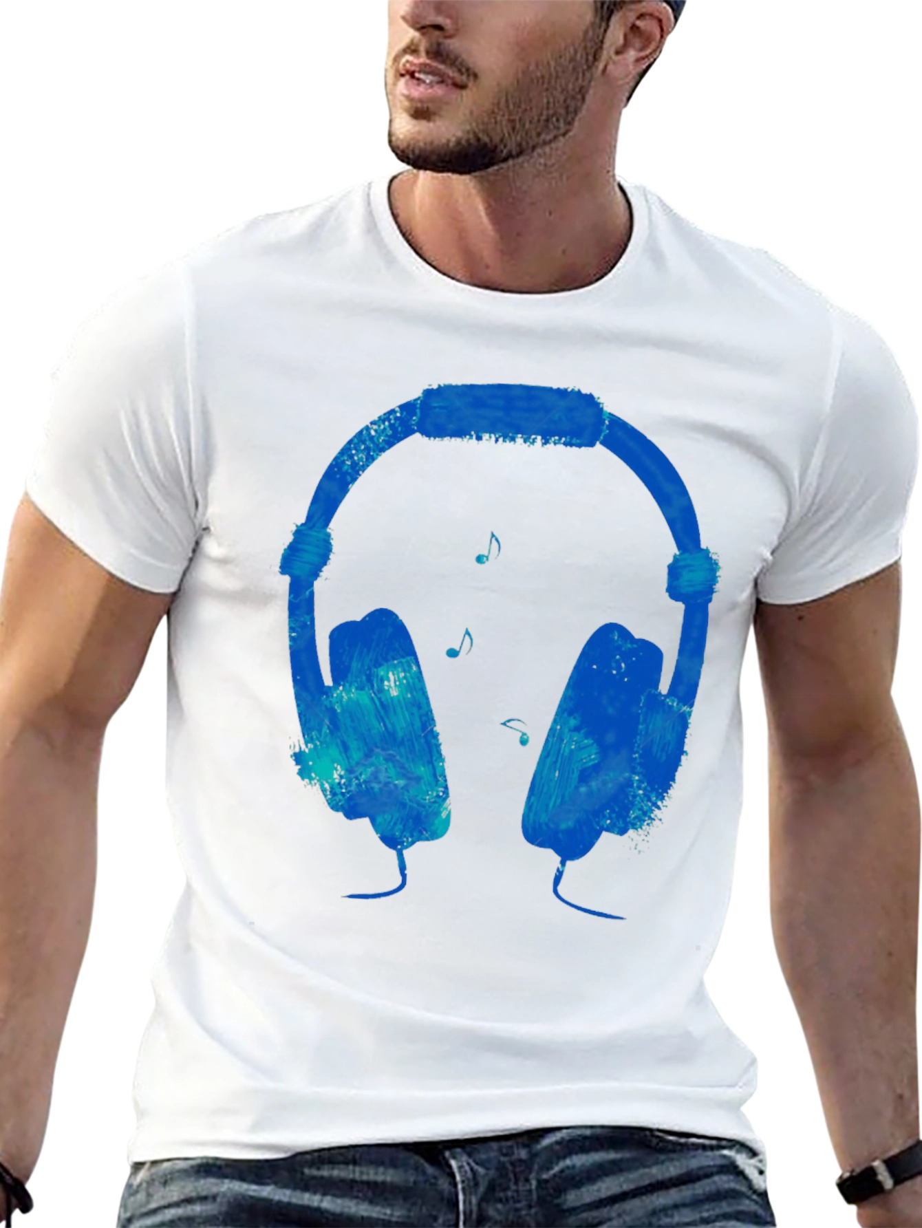 Blue Headphones Graphic Black T-Shirt