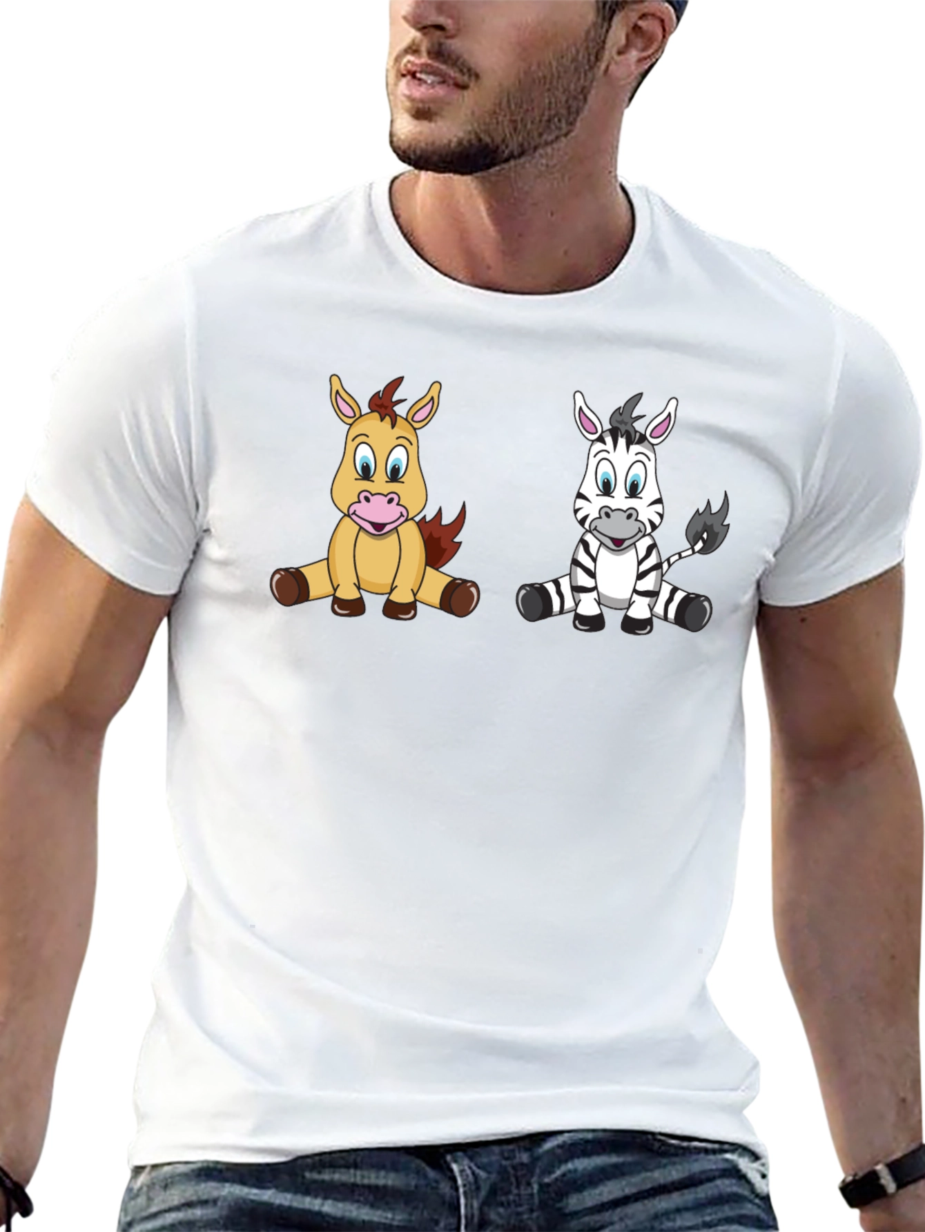 Cartoon Horse and Zebra Unisex Black T-Shirt