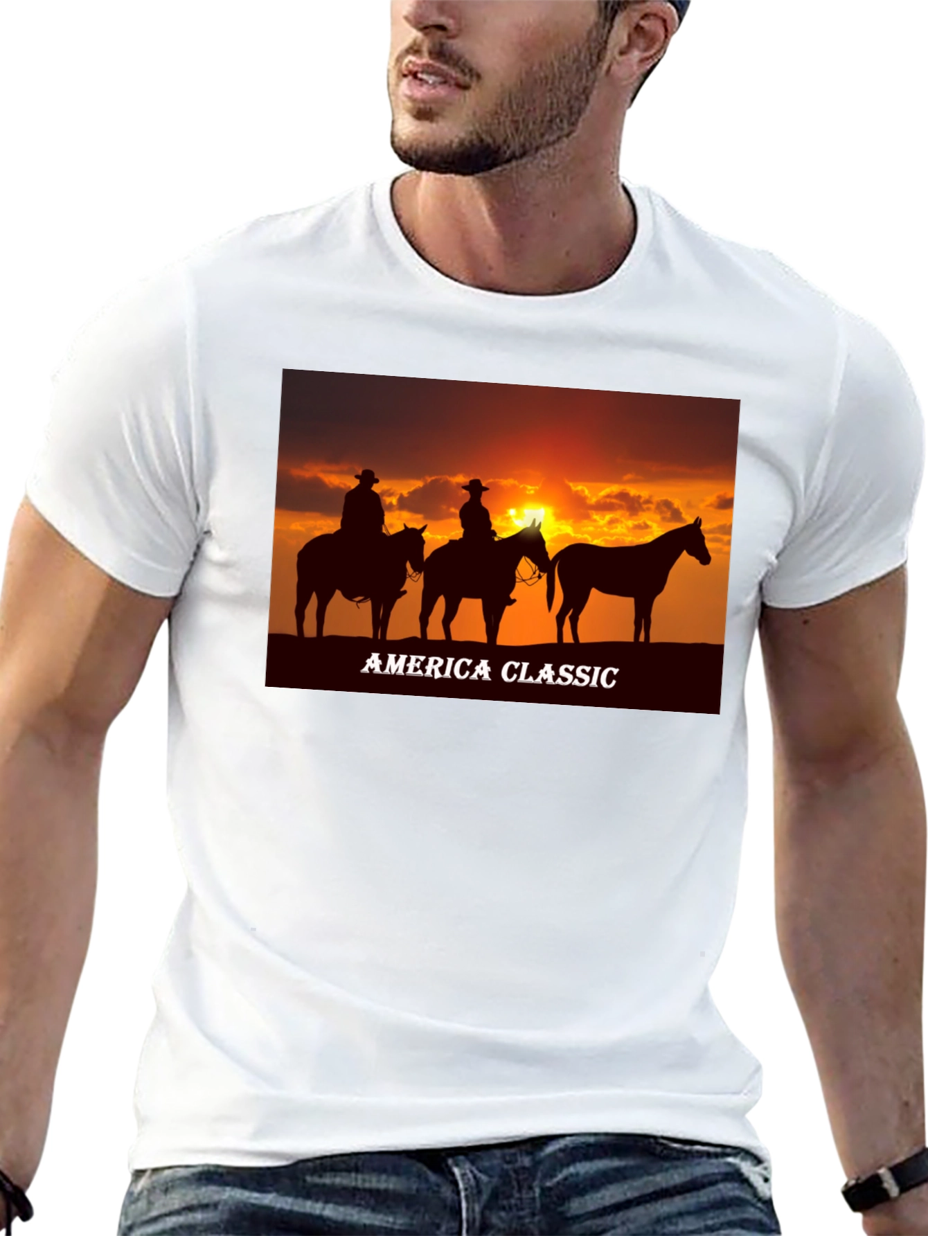 America Classic Cowboy Sunset Graphic T-Shirt
