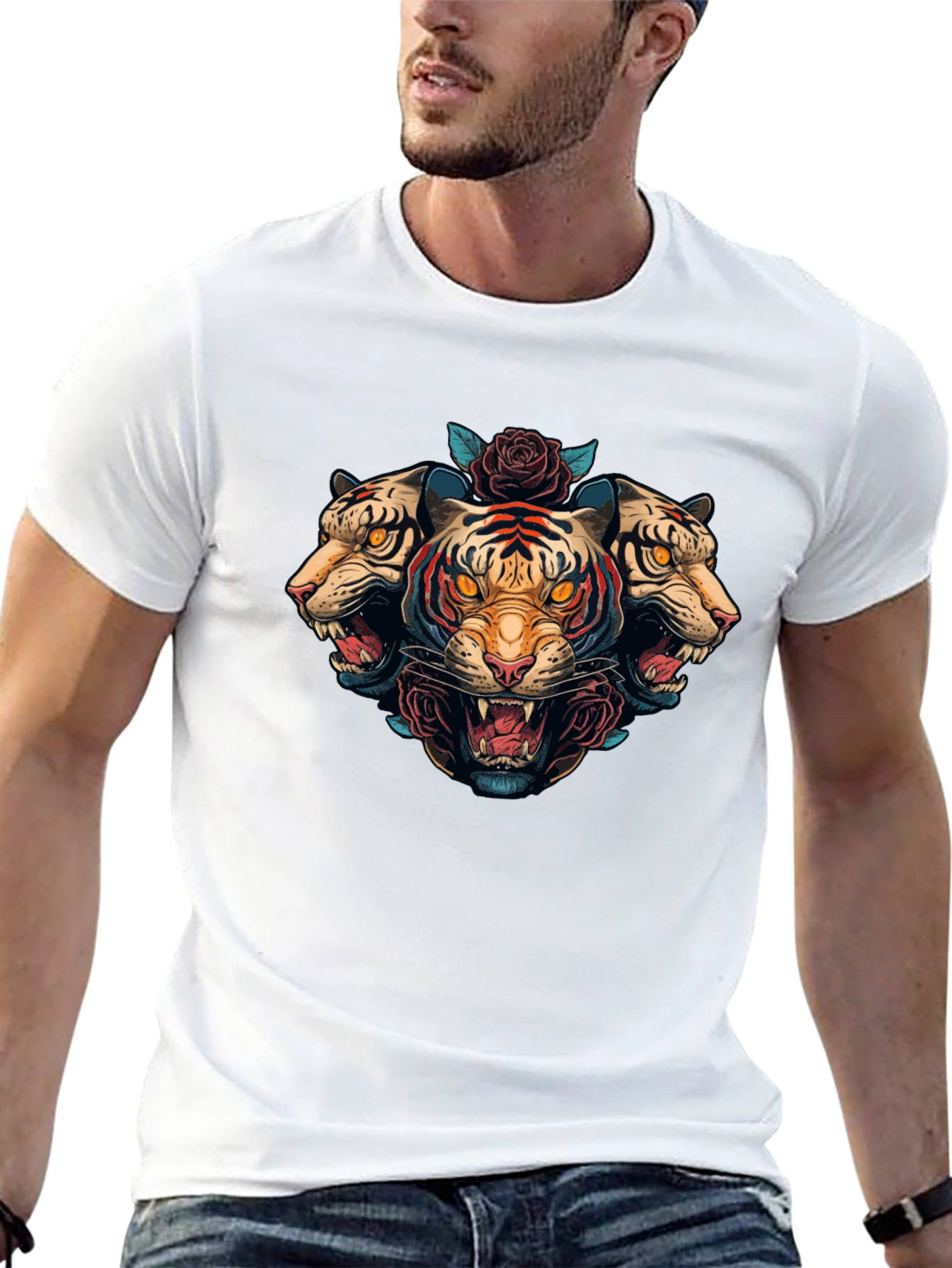 Three Headed Tiger Rose Graphic T-Shirt