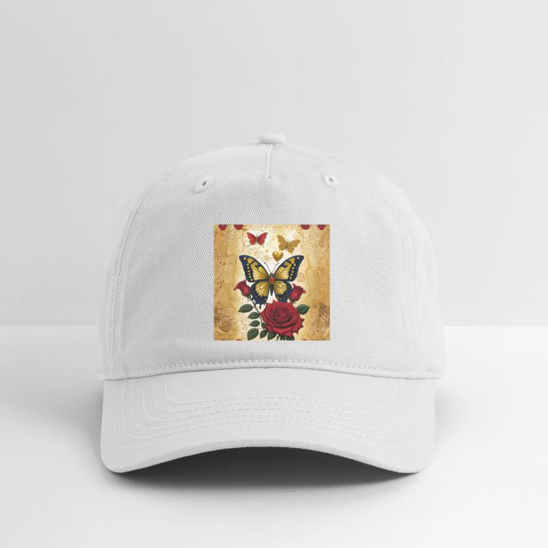 Elegant golden butterfly with blooming red roses