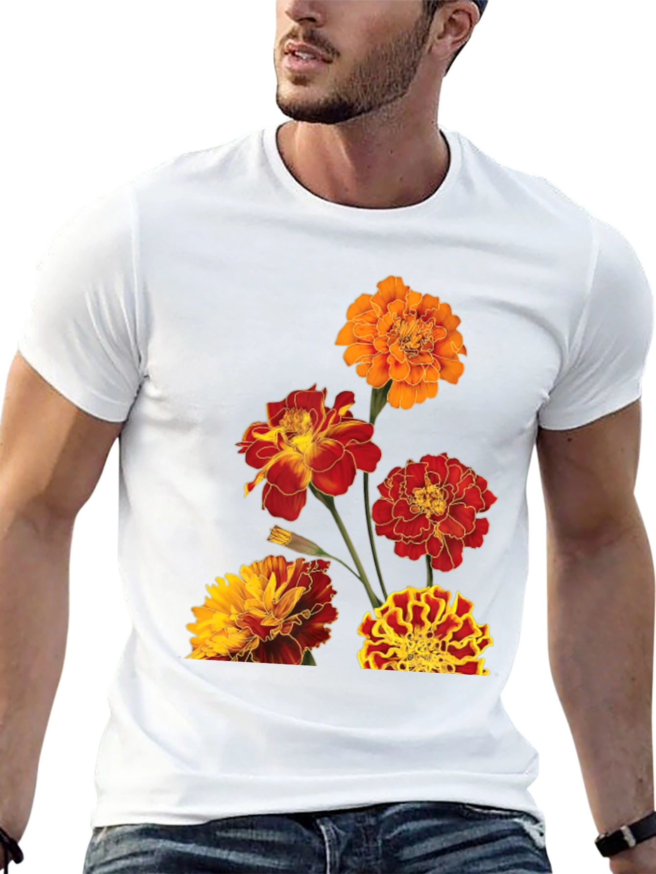 Floral Print Tee - Vibrant Marigold Design