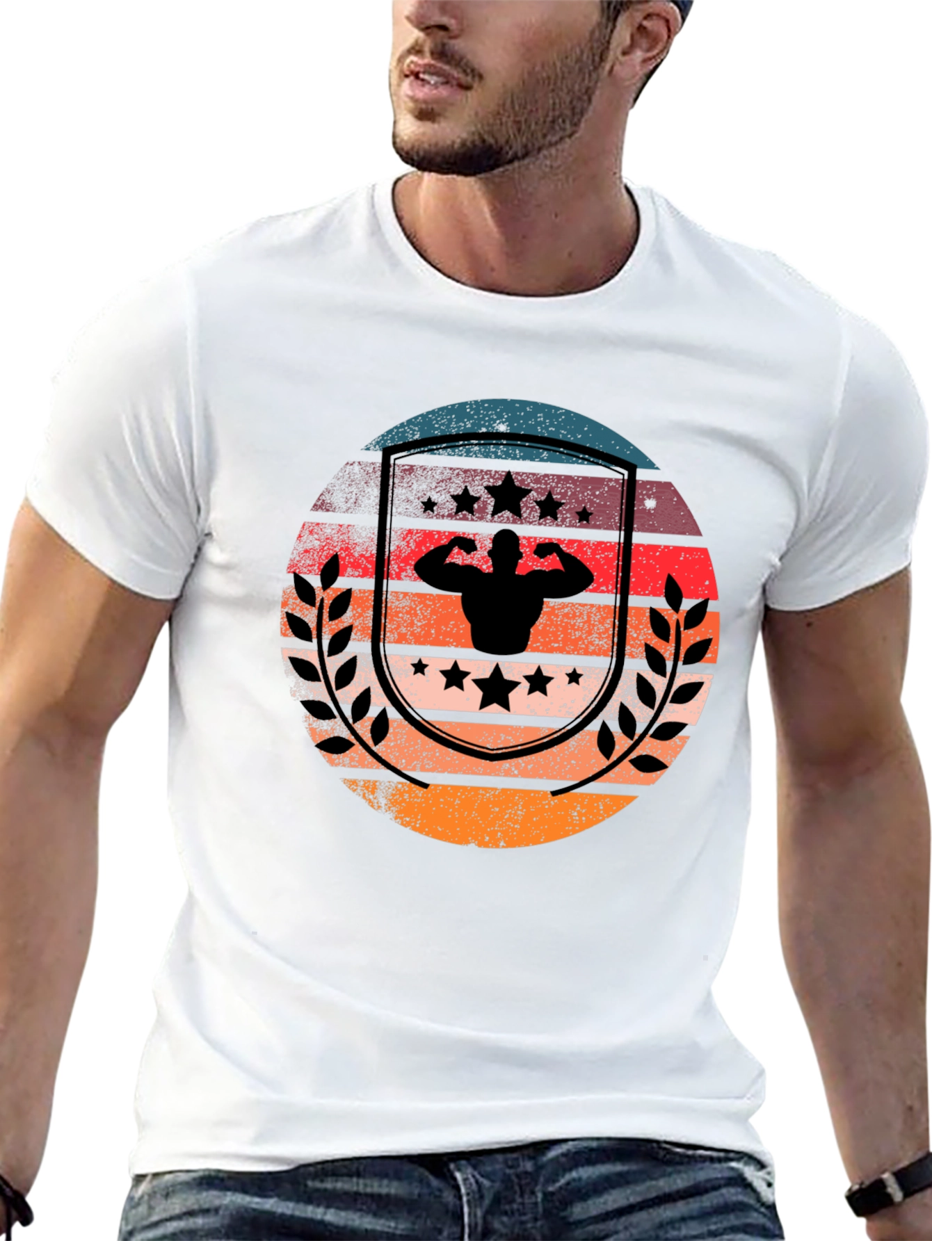 Retro Sunset Bodybuilder T-Shirt - Black Cotton Gym Tee