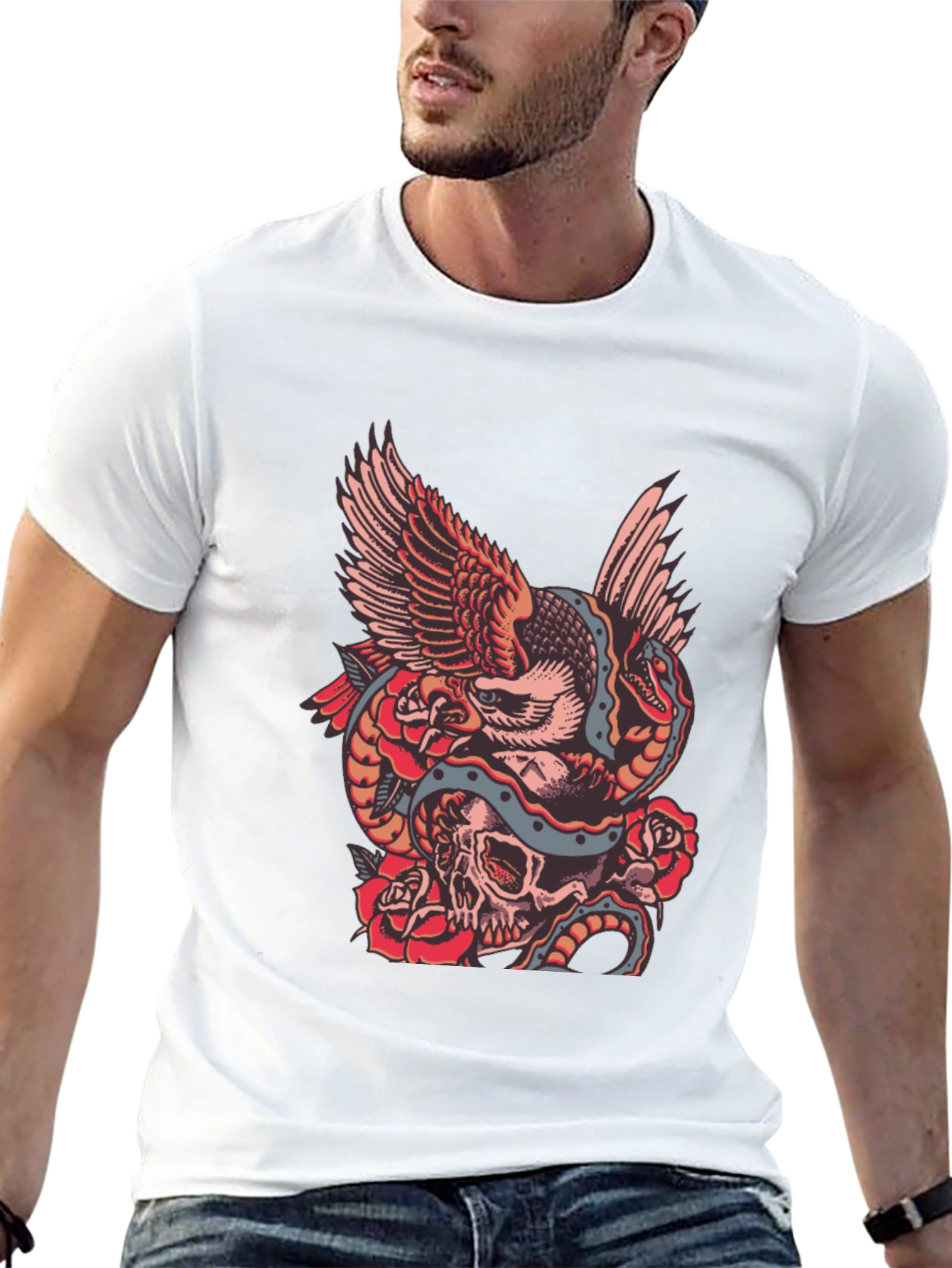 Eagle Snake Skull Graphic Print Black T-Shirt