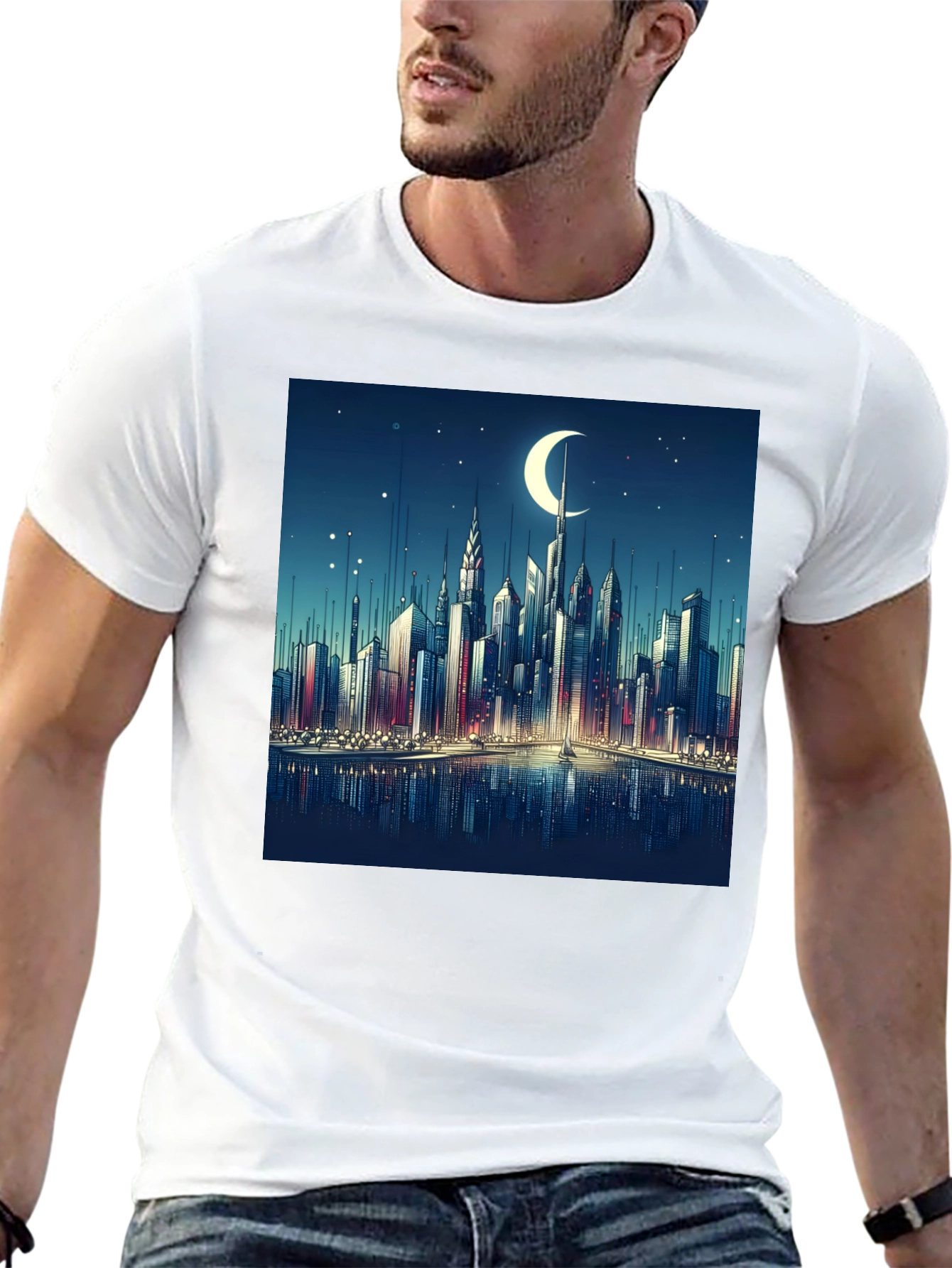 Cityscape Moon Graphic Tee - Black Cotton Casual Shirt