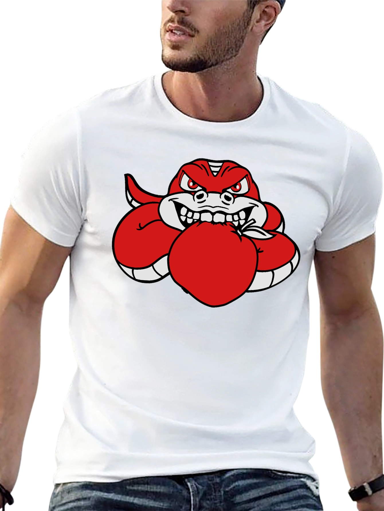 Red Snake Eating Apple Black T-Shirt