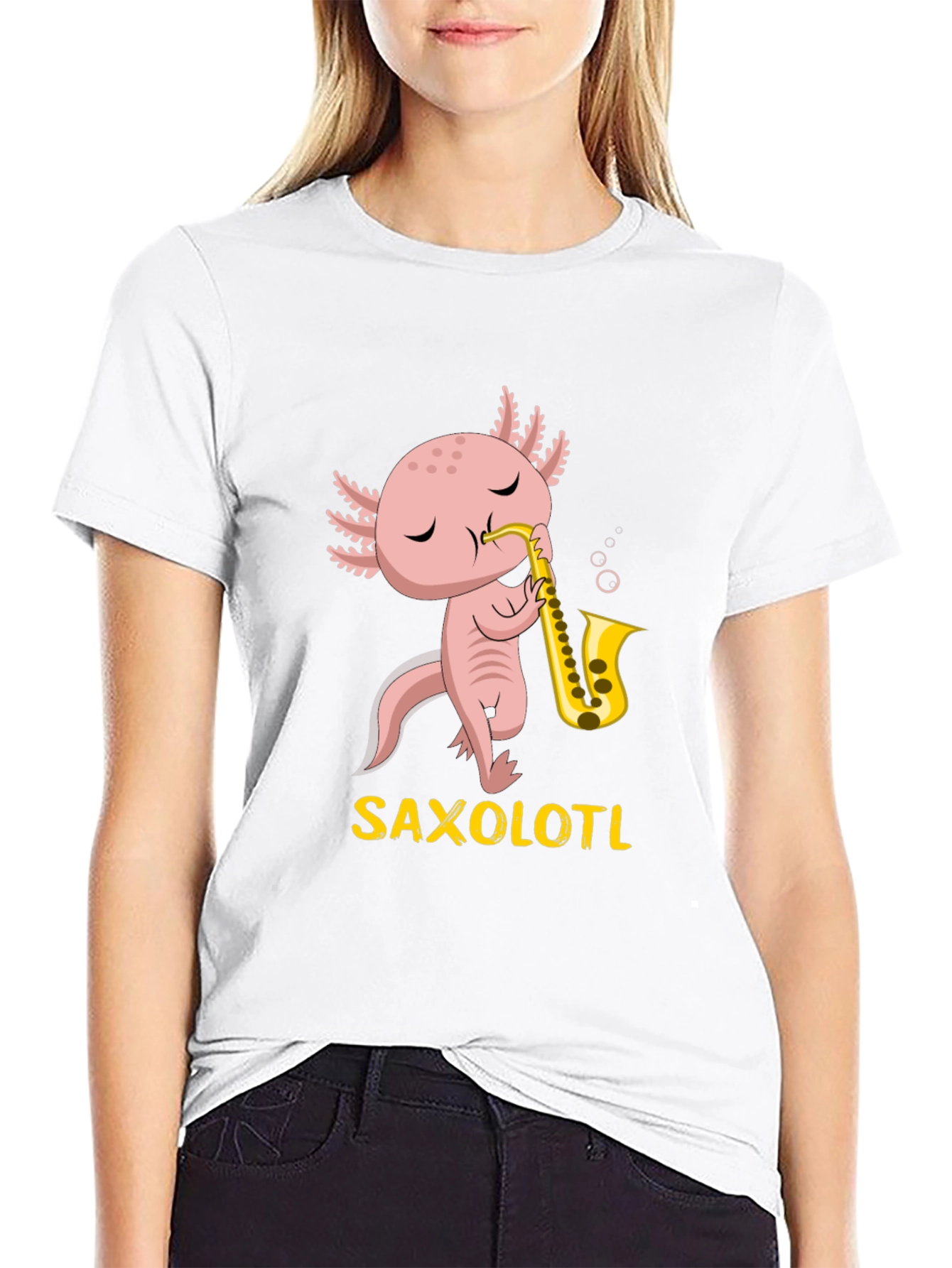 Saxolotl T-Shirt: Funny Axolotl Playing Saxophone Tee