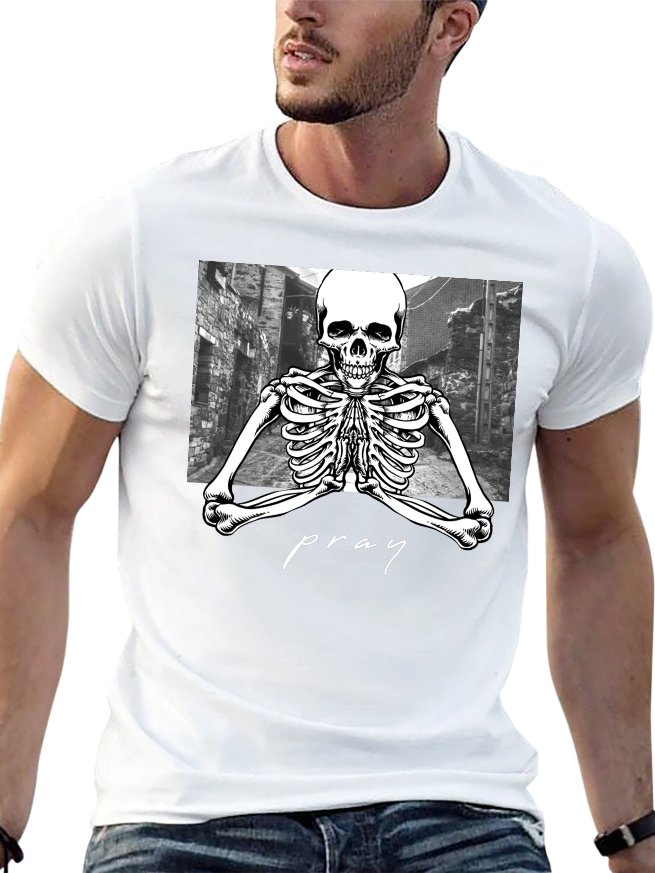 Praying Skeleton Graphic Tee - Stylish Streetwear