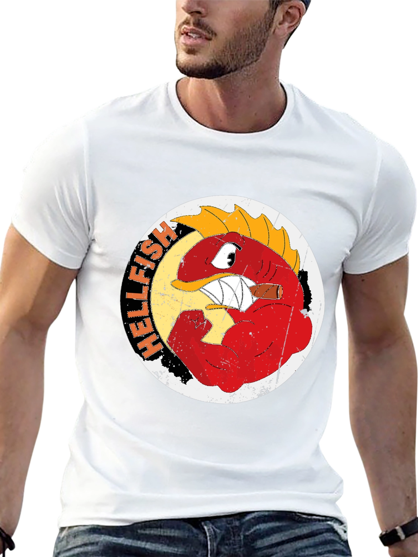 Hellfish Cartoon Graphic Print Crew Neck T-Shirt