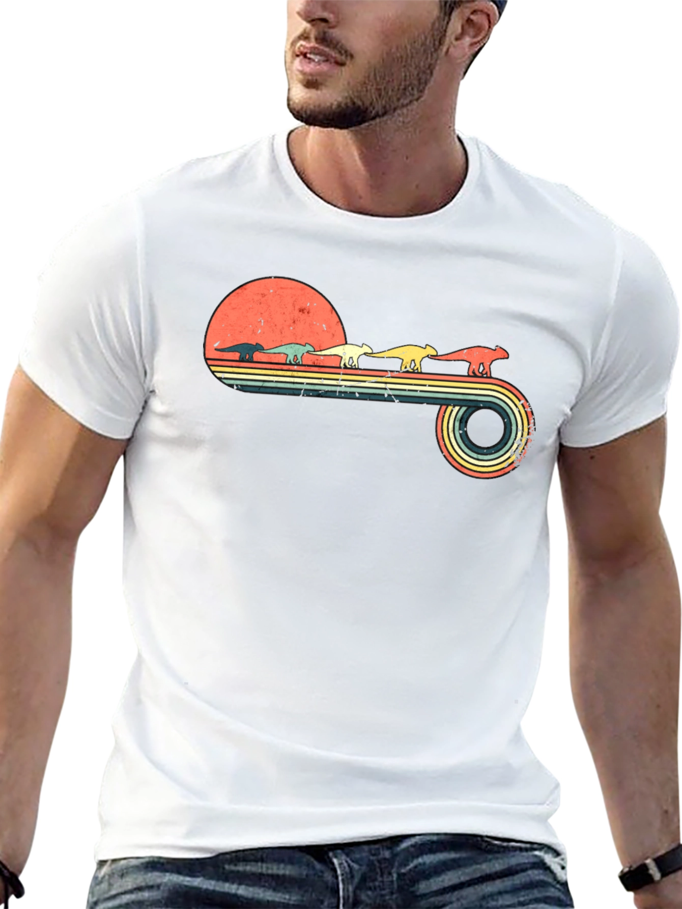 Retro Dinosaur Sunset Graphic Tee - Black Cotton Blend