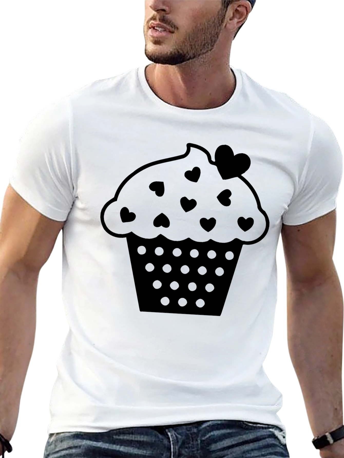 Cute Cupcake Heart Print Black T-Shirt