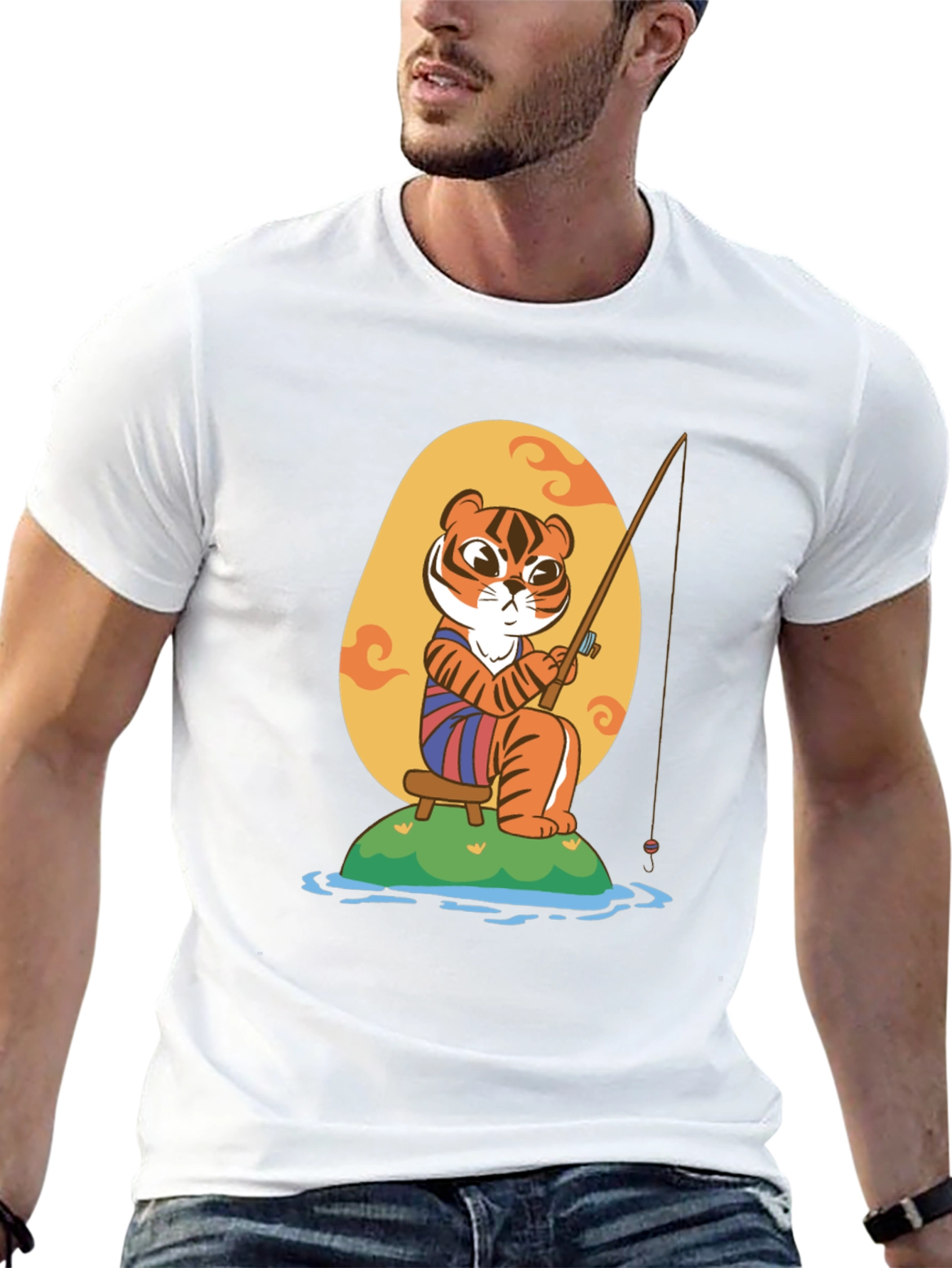 Fishing Tiger Graphic Tee - Cool Cartoon Design