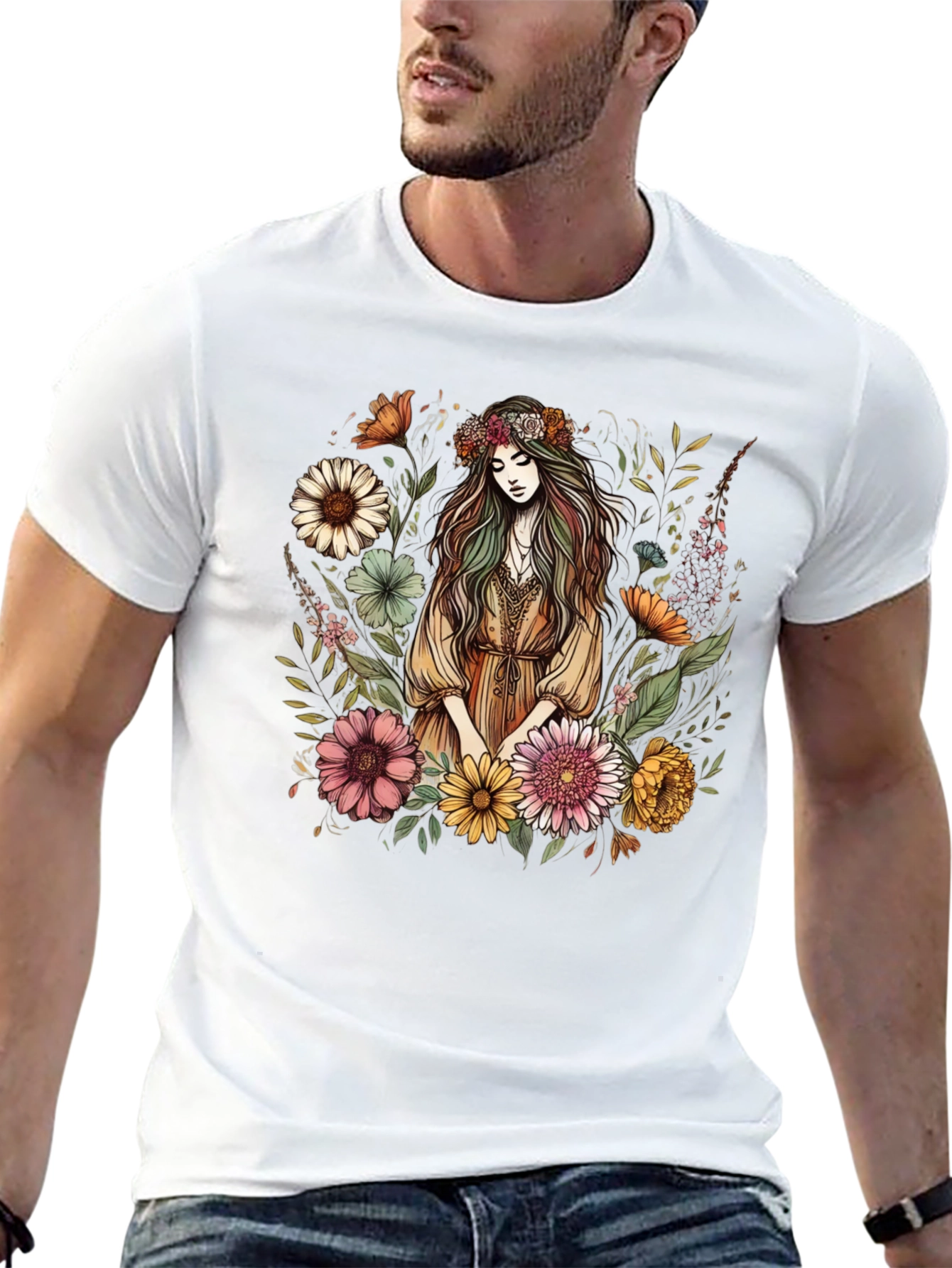 Floral Goddess Graphic Tee - Black Cotton Shirt