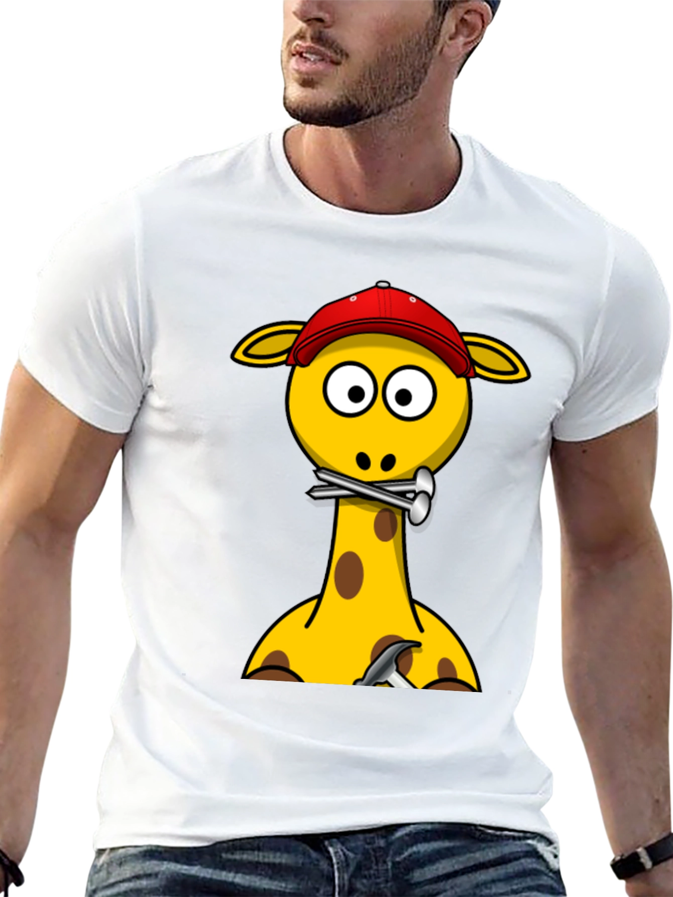 Giraffe Builder T-Shirt - Cartoon Animal Crew Neck Tee