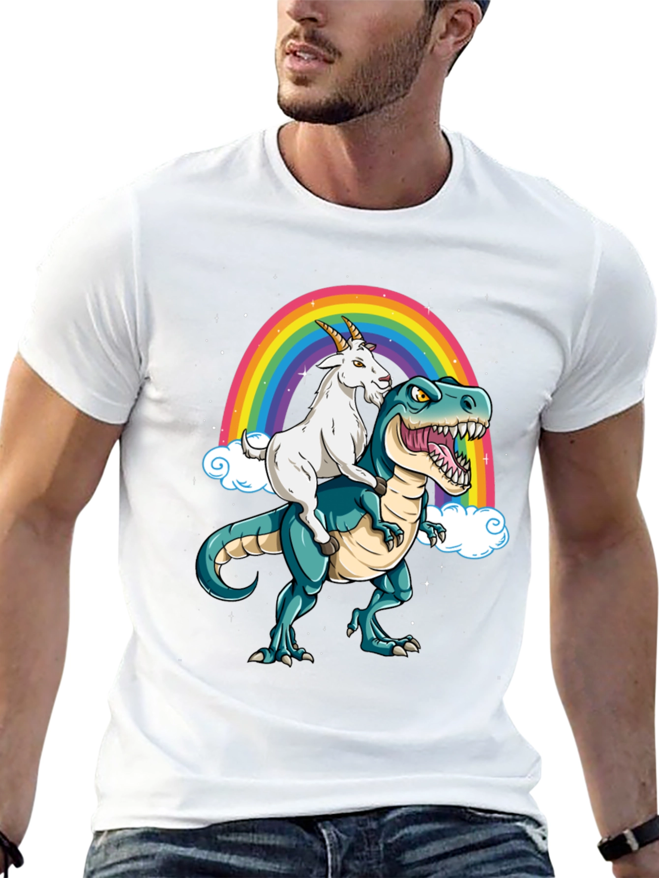 Goat Riding Dinosaur Rainbow Graphic Tee