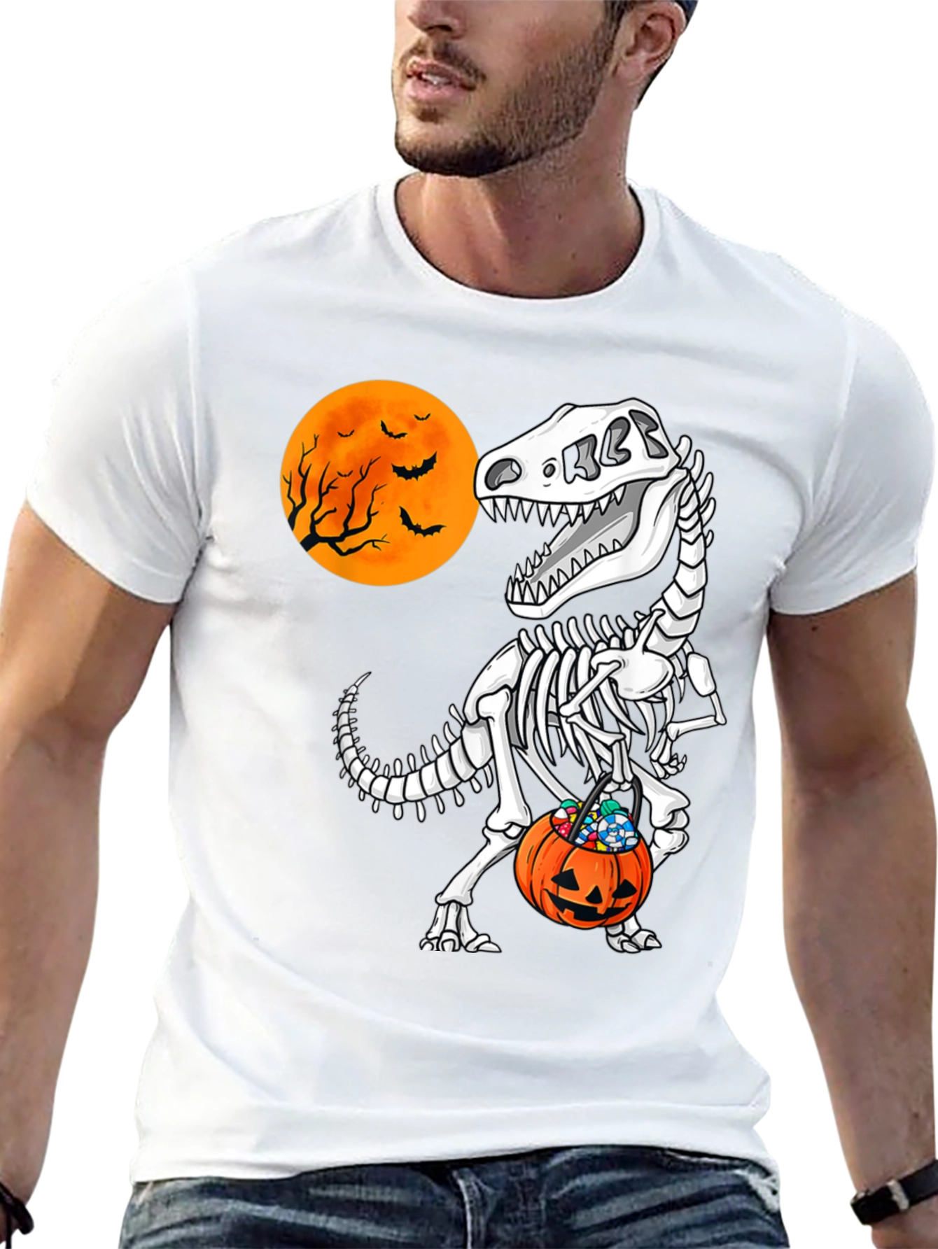 Halloween Dinosaur Skeleton Pumpkin Candy T-Shirt