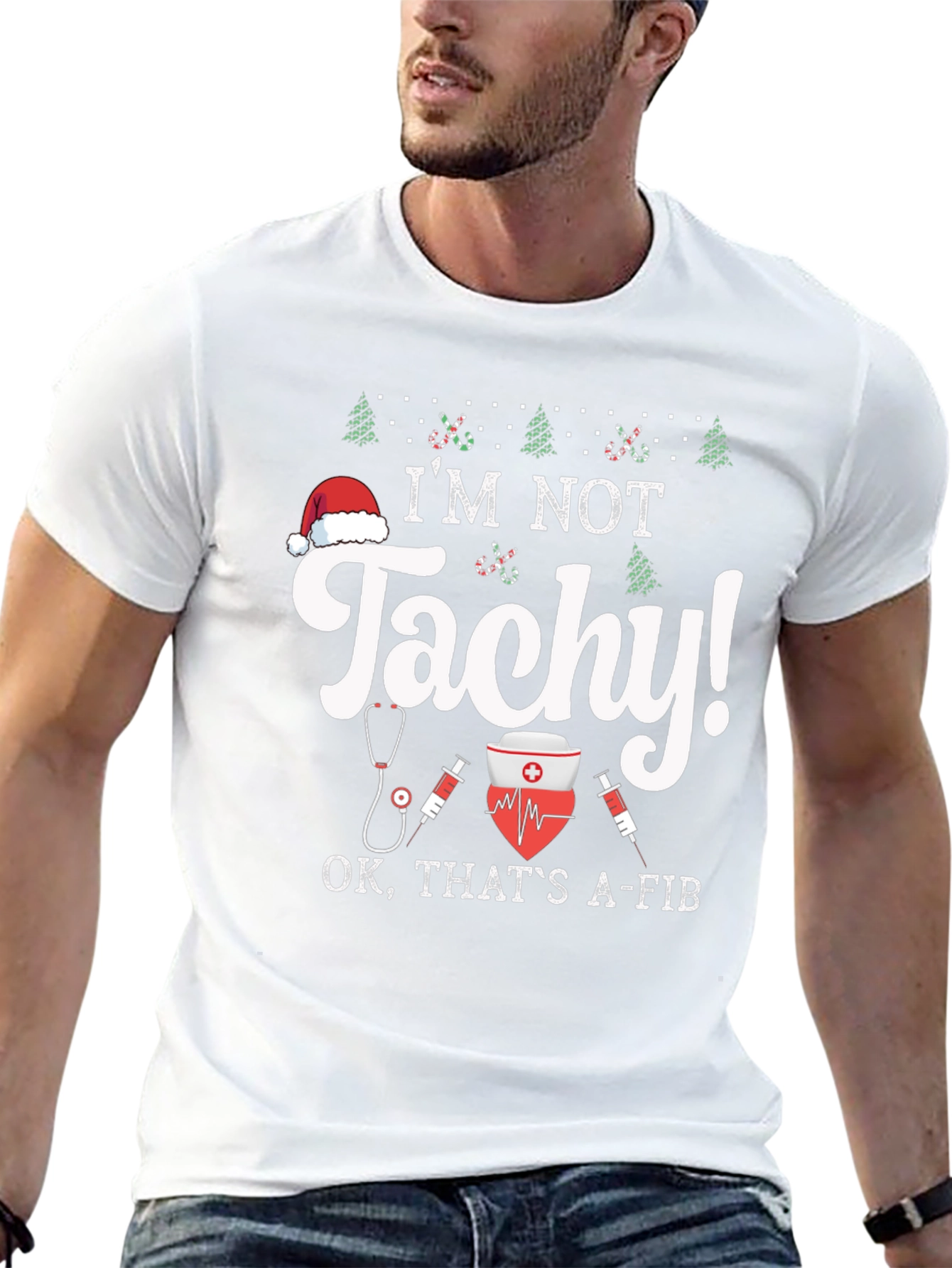Funny Christmas Nurse Tachycardia A-fib Black T-Shirt