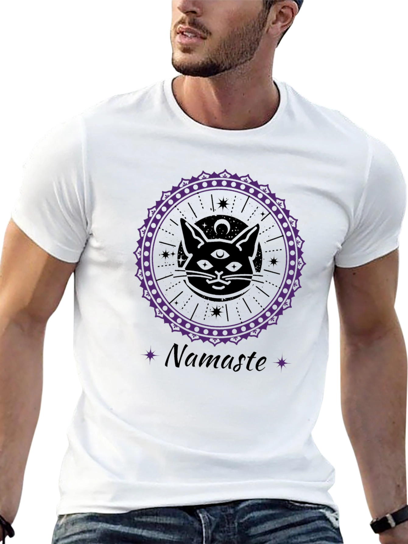 Mystic Cat Namaste T-Shirt - Third Eye Chakra Design