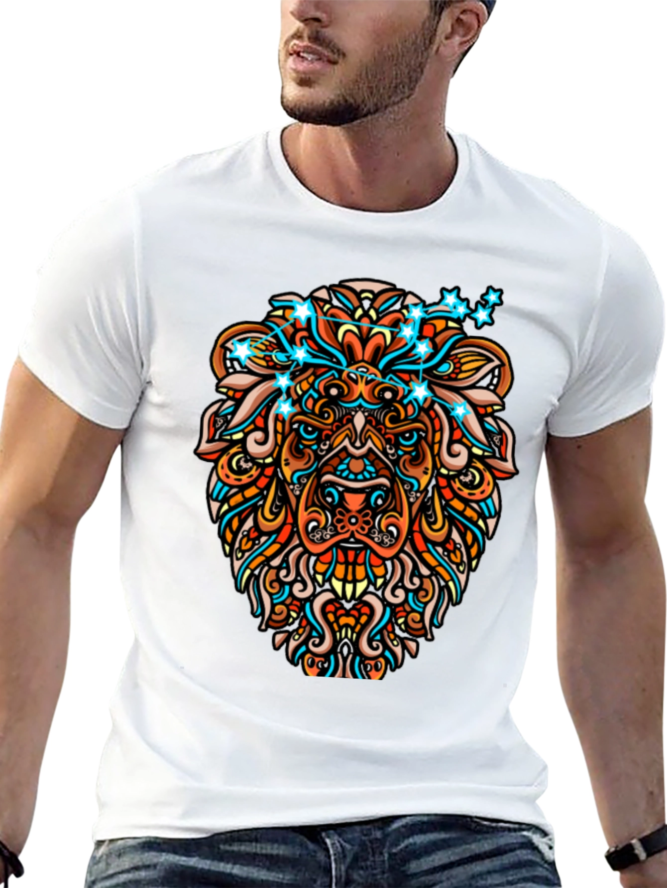 Lion Constellation Graphic Print Mens Black Tee