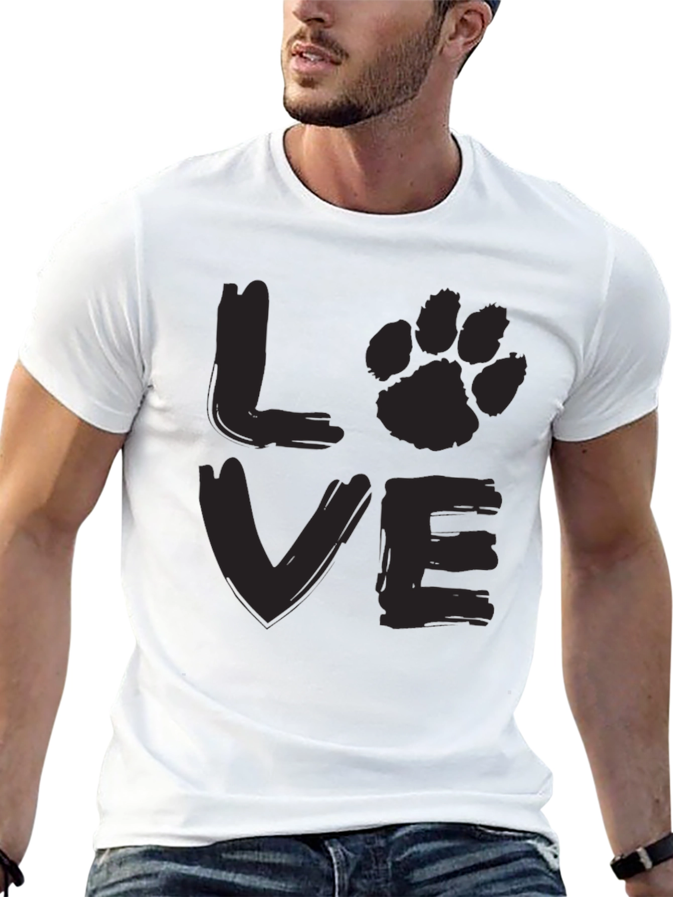 LOVE Dog Paw Print Mens Black Graphic T-Shirt