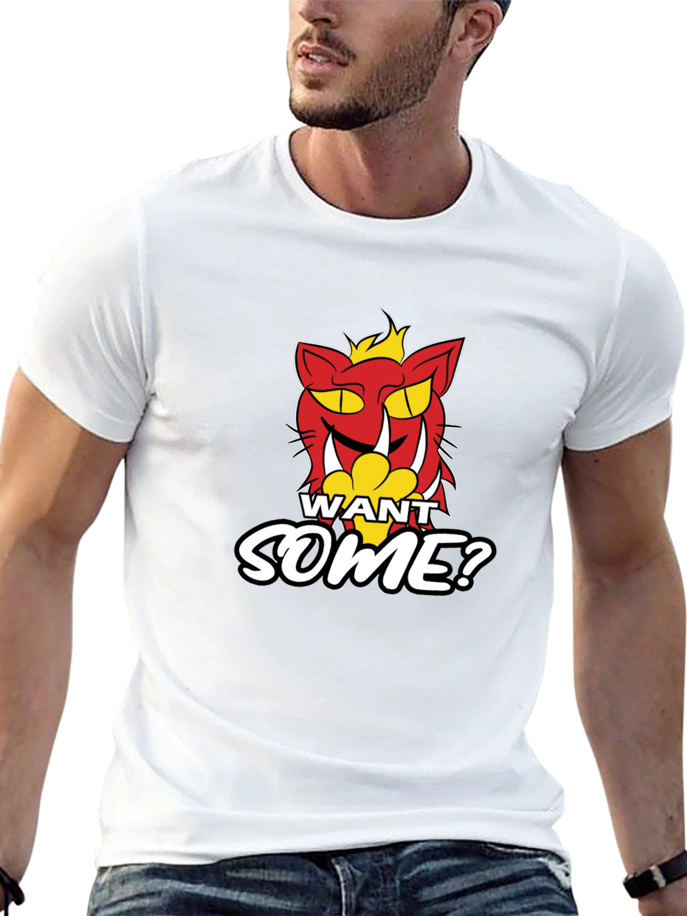Want Some? Cartoon Cat Graphic Print Black T-Shirt