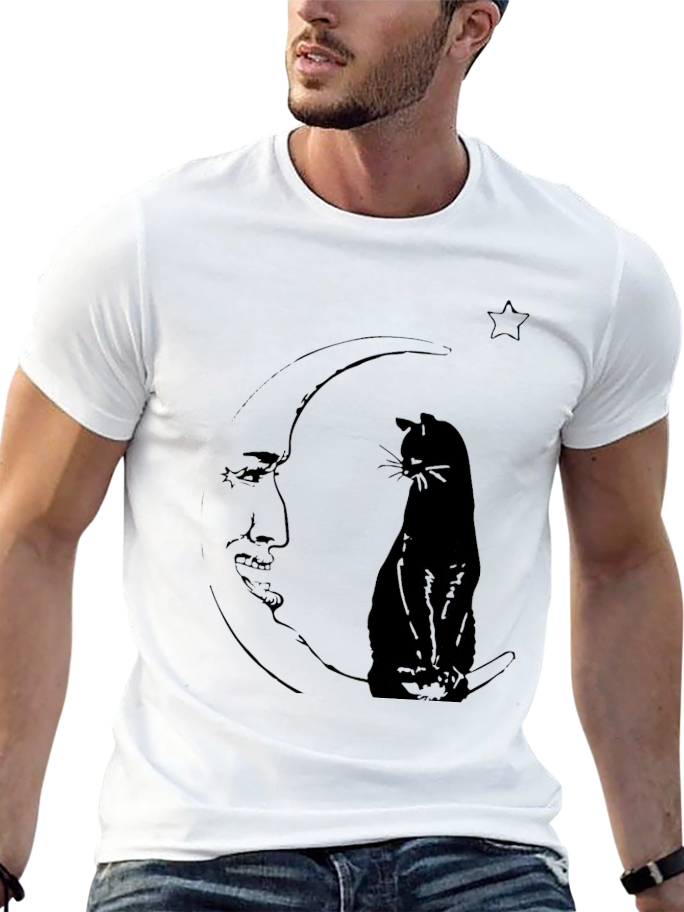 Moon Cat Graphic Tee - Black Cotton Comfort