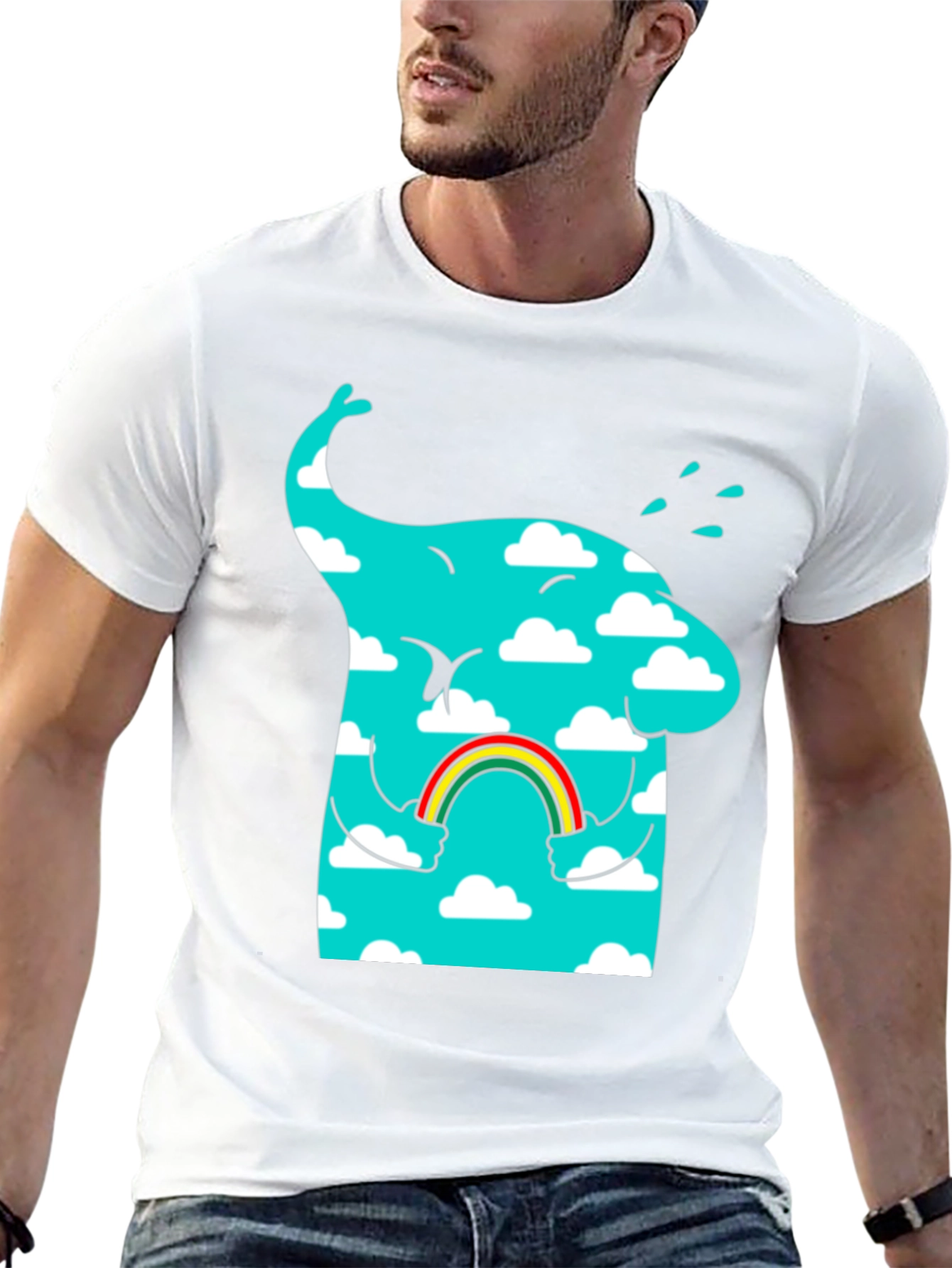 Cloudy Elephant Rainbow T-Shirt - Whimsical Graphic Tee