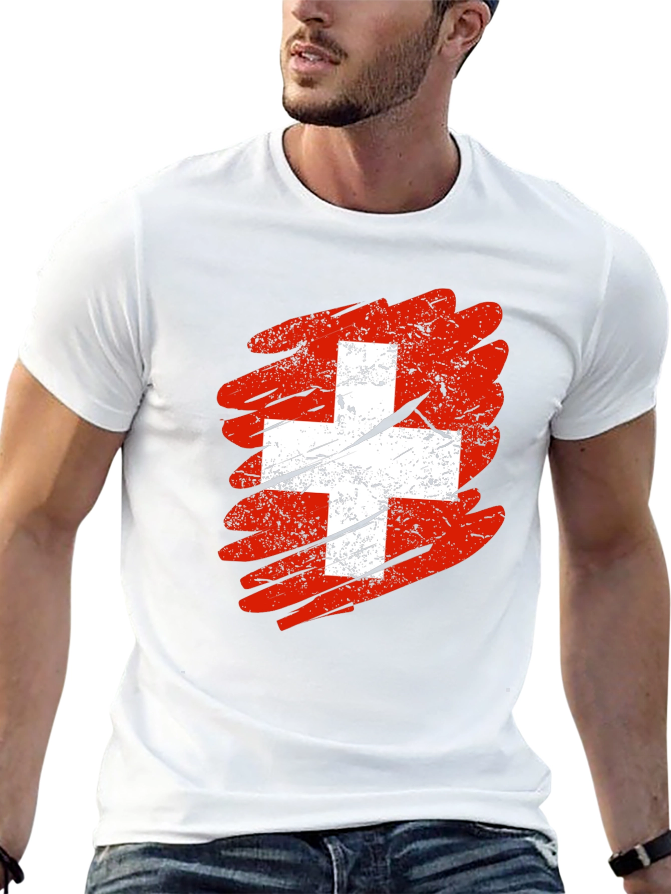 Distressed Swiss Flag Graphic Tee - Mens Black T-Shirt