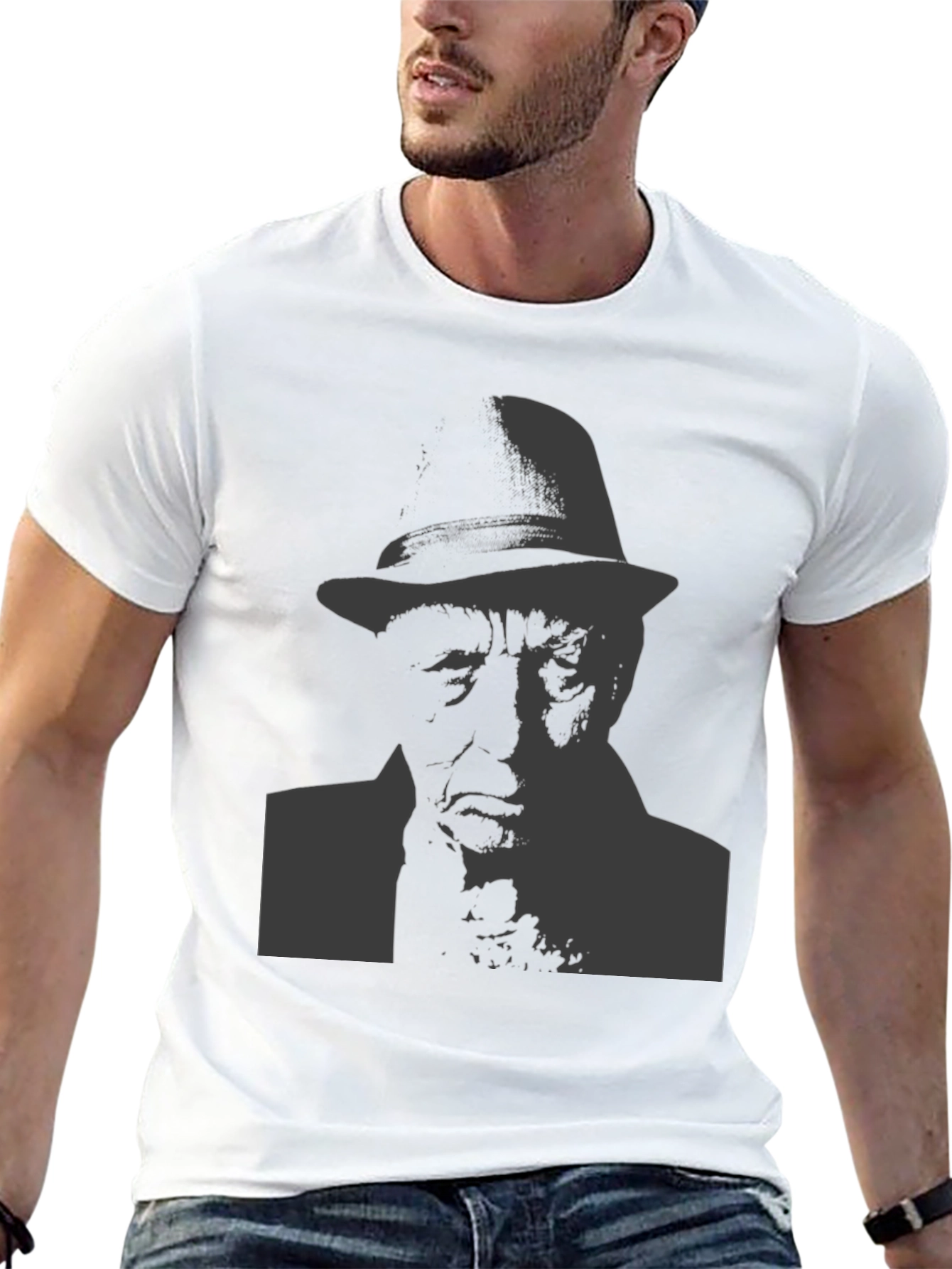 Black T-Shirt with Man in Hat Graphic
